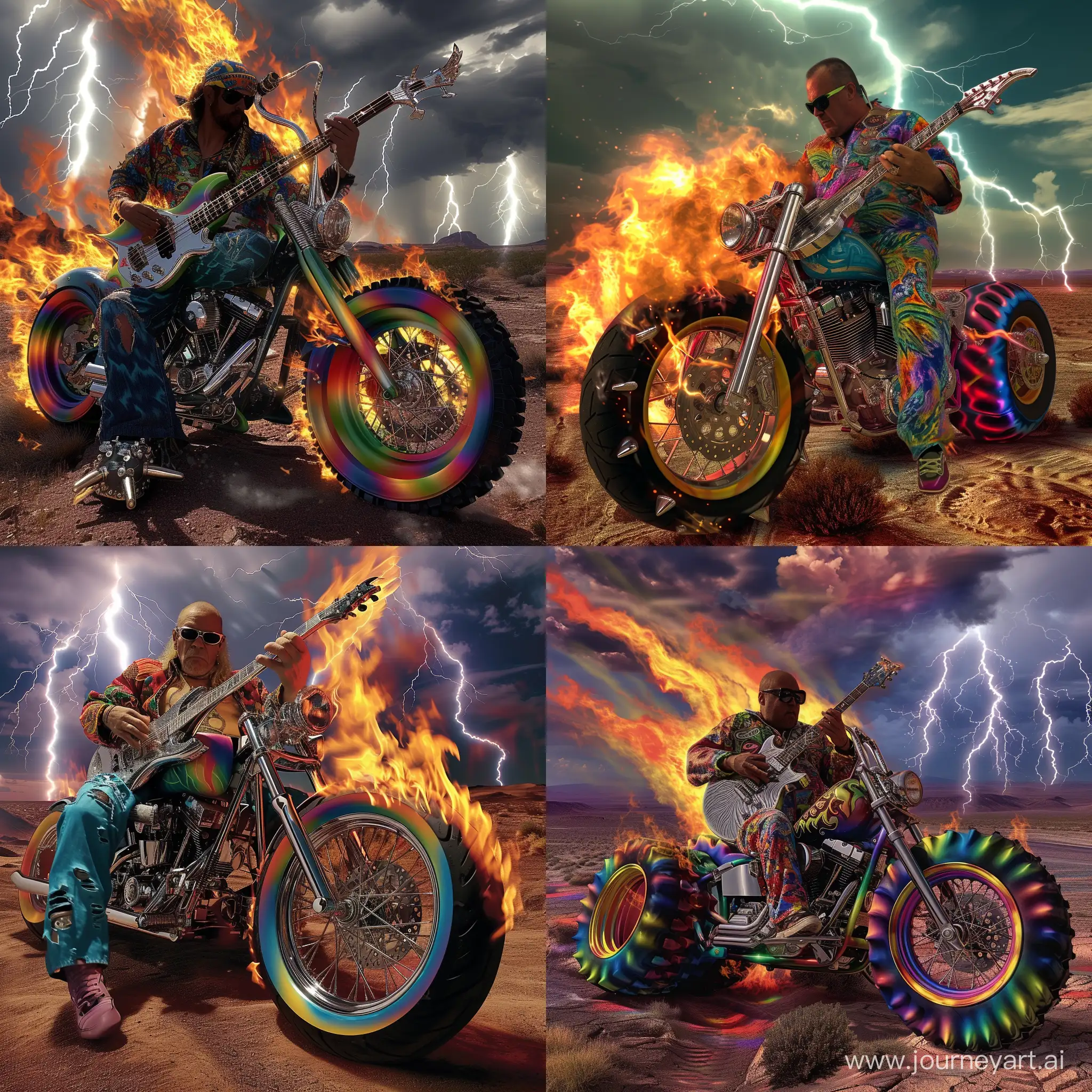 A rock and roll guitarist is playing a chrome guitar. He is sitting on a fire engulfed, colorful, custom motorcycle, with oversized tires and chrome spoke rims. A brilliant desert sky with  multiple lightning bursts, is covering the landscape. The camera is in fronti