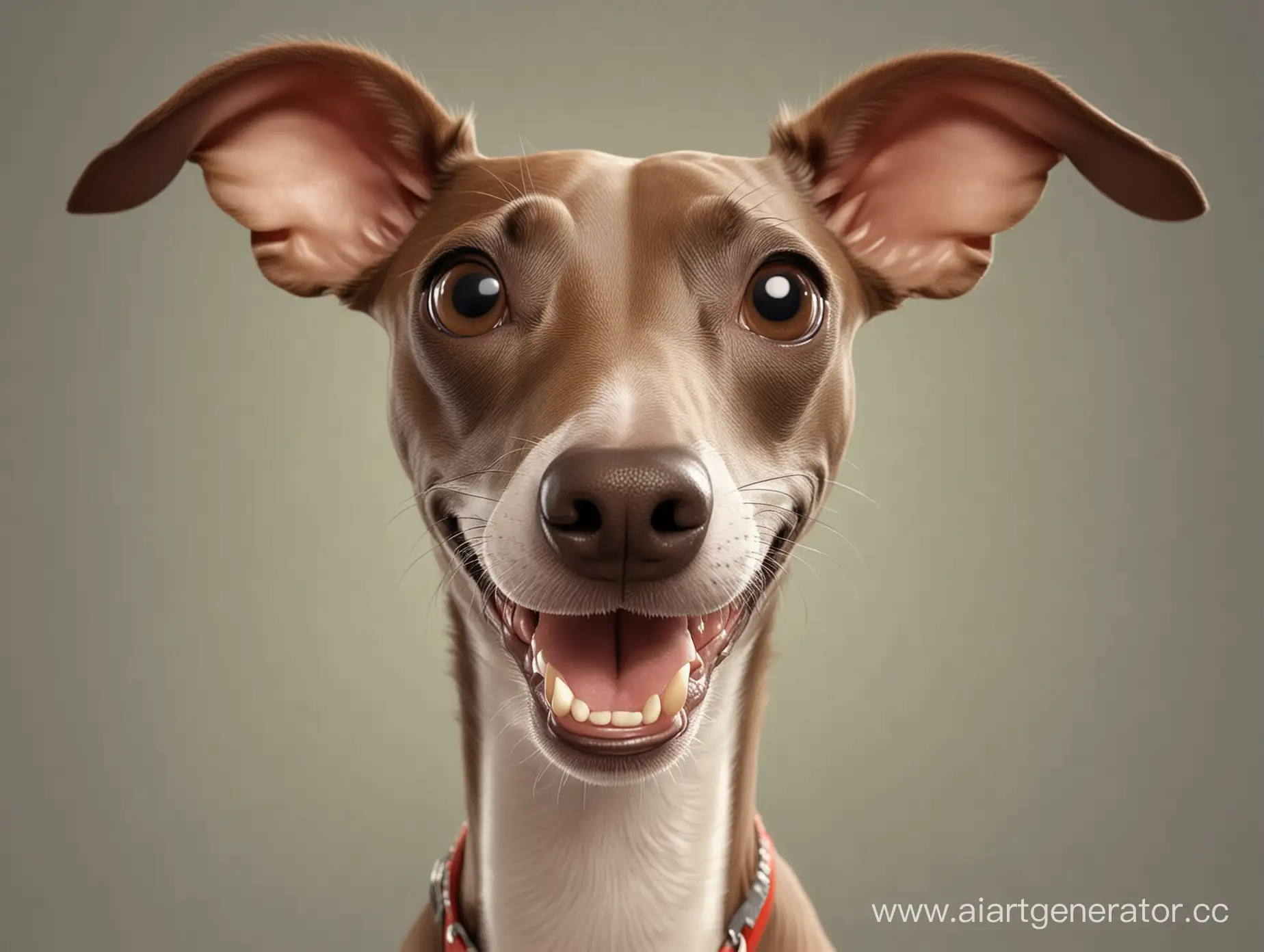 caricature of smiling Italian Greyhound, very big toothy wide smile, looking at camera, [color] background, Photorealistic, Soft light, Sharp focus, 3D art, 64k resolution --ar 4:5 --v 6.0 --s 250
