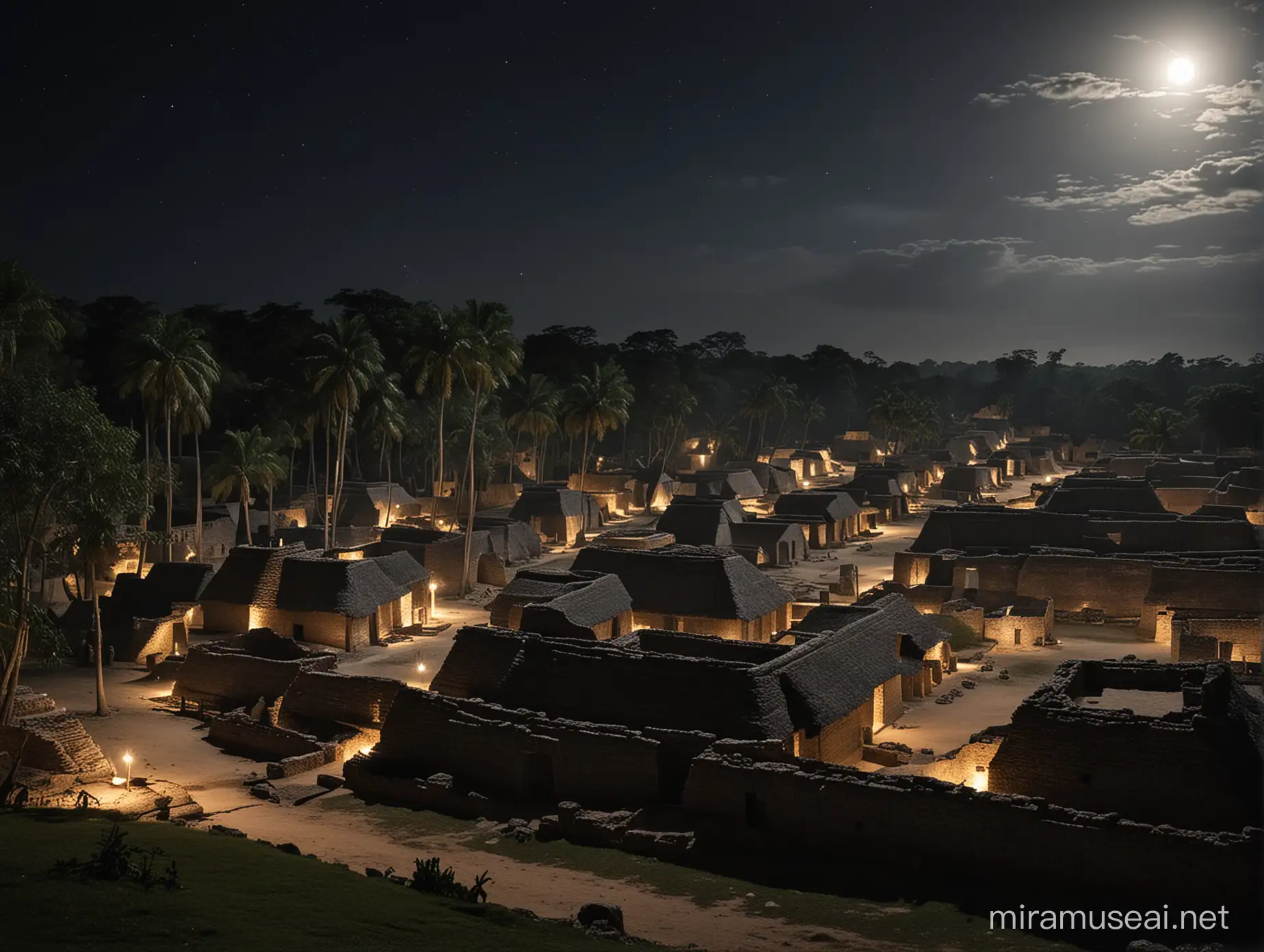 aldea antigua de la epoca de los mayas sin luz del siglo 1 en la noche