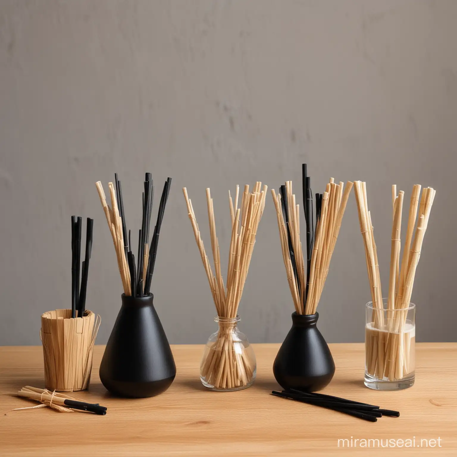 3种香薰扩香棒放在桌子上做对比。分别是木质棒，竹质棒，纤维棒（黑色）。