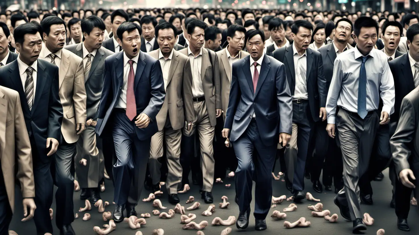 an illustration of a businessman in shanghai walking among a big crowd of people, is looking in distress, as he is having an uncomfortable itch on his foot due to a fungal infection. His face looks like he is embarrassed and uncomfortable.