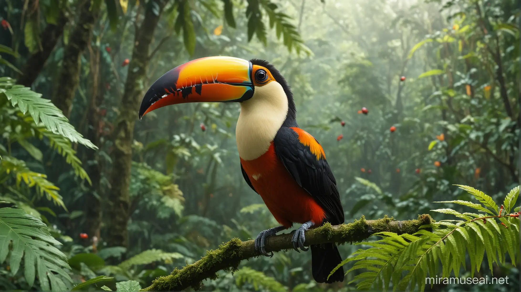 Create a vibrant and highly detailed close-up image in 8K resolution of a colorful toucan, set against the backdrop of the Amazon jungle. The ladybug should be vividly colored, with bright red and black spots, making it the focal point of the image. The background should be a soft, artistically blurred array of greens and browns, typical of the dense Amazon foliage, enhancing the striking contrast with the ladybug. This setup should convey a sense of intimacy and immediacy, drawing viewers into the microscopic world of this charming insect."