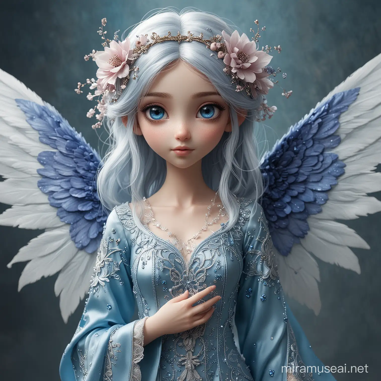 Create an image of Pennwyng Blossom, a faerie character standing between 2 and 2.5 feet tall. She features Satin Azure-style wings with overall blue hues. One of her eyes resembles twilight, characterized by a dark blue color speckled with white, while the other eye is pure white, although she can see perfectly fine with it. Despite her self-consciousness about her unique eye, she wears intricate clothes. This attire contrasts with her personality, as she is not very sociable and feels awkward in conversations.