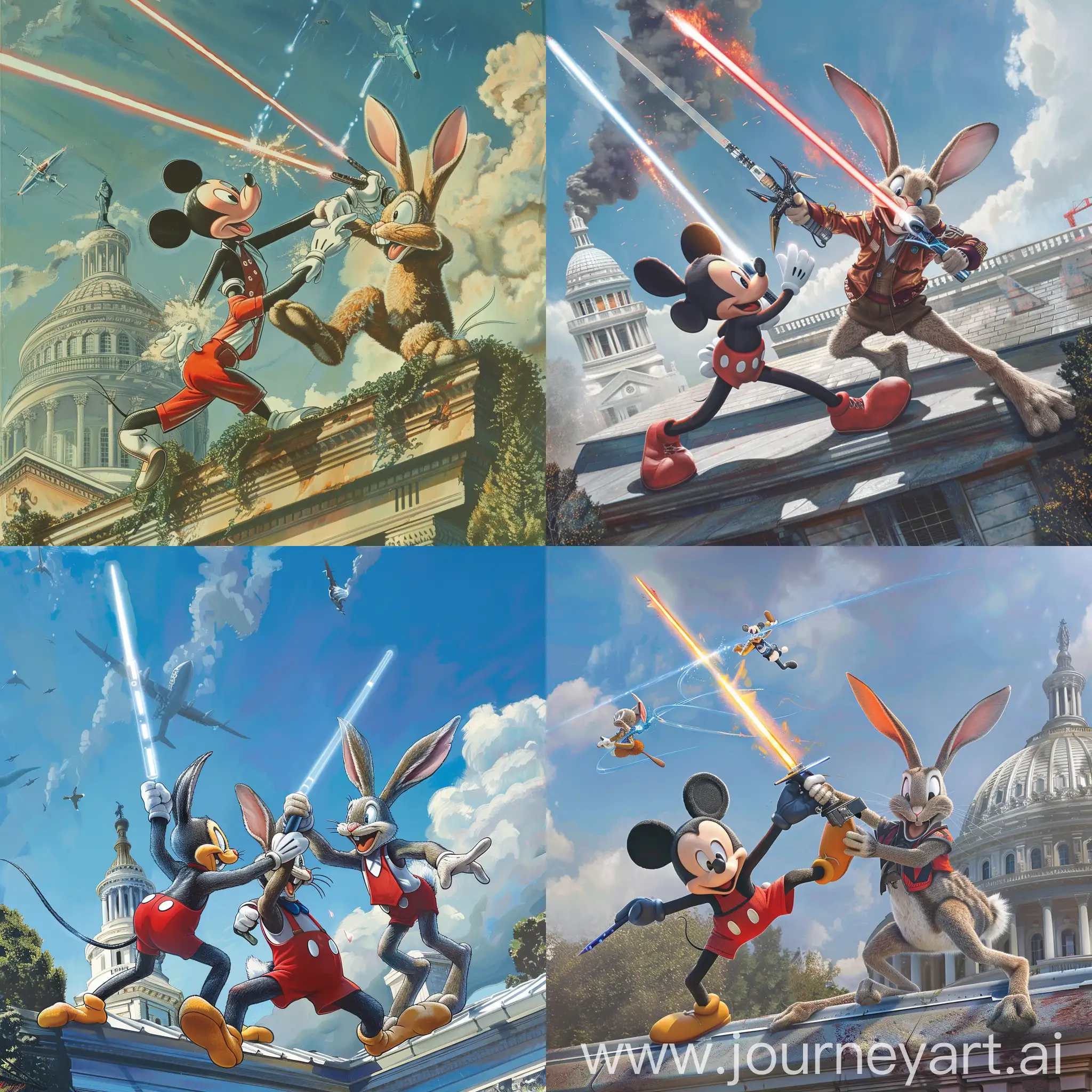 Mickey-Mouse-vs-Bugs-Bunny-Laser-Sword-Fight-atop-the-White-House