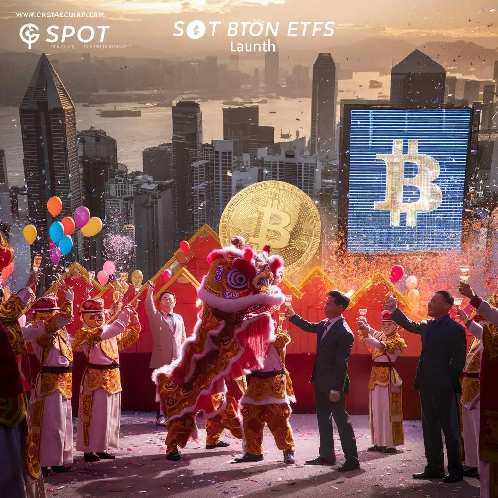 Create an image capturing the launch of Spot Bitcoin ETFs in Hong Kong's financial district. Showcasing the city's skyline, include ceremonial figures, Bitcoin symbolism, and a celebratory atmosphere, highlighting the fusion of tradition and innovation in finance.