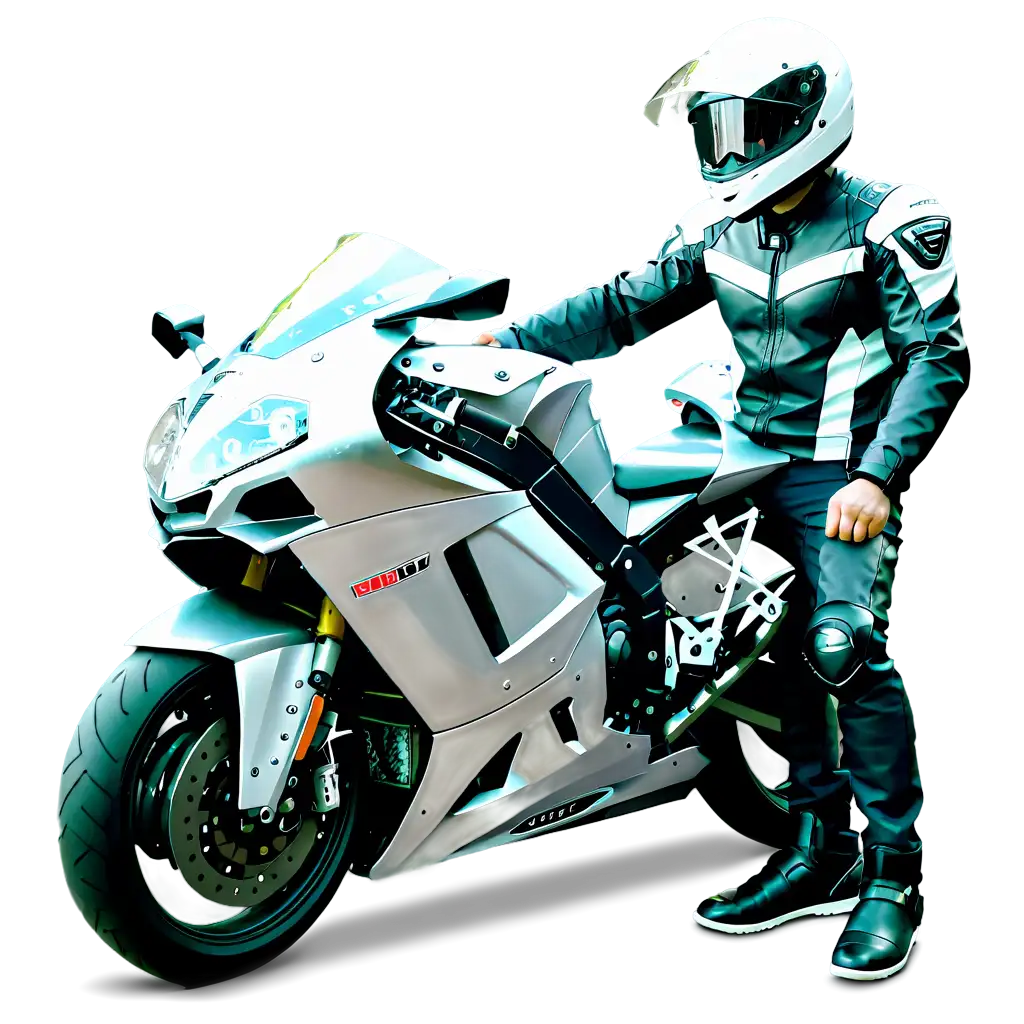 Man wearing helmet looking at silver motorcycle