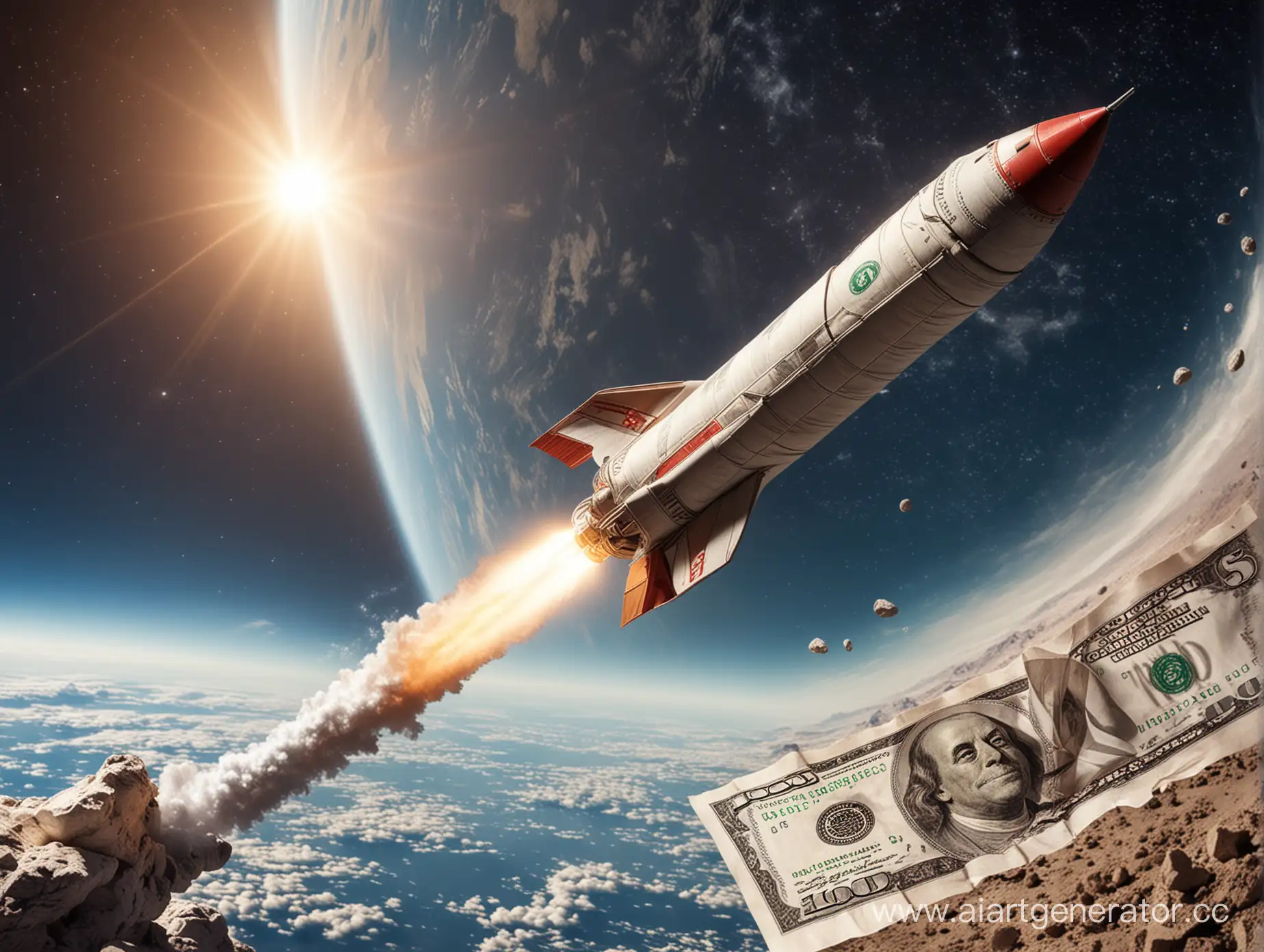 The rocket flies between dollars, against the background of the planet
