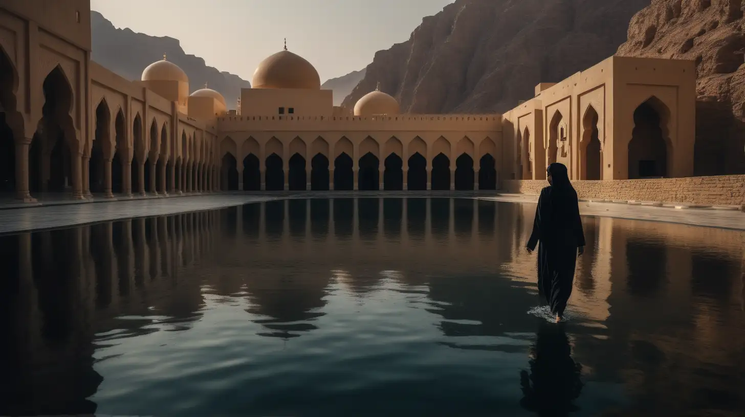 Omani hijabi woman walking on water in large wonder land surrounded by Omani nature, Dark mode, Roman buildings, Amient lighting,
