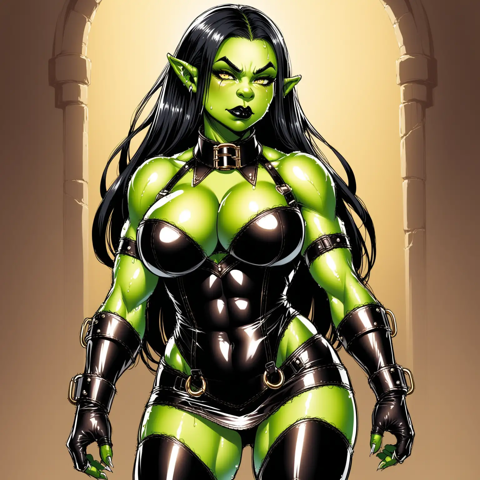 The Orc woman has green skin, long black wavy hair, orc tusks, gold eyes, huge tits G cups, she is muscular and very beautiful and 40 years old. She has shiny black lipstick. She is wearing a shiny black latex corset, miniskirt, long gloves, thigh high boots and a bondage posture collar with a ring. She is in a mansion. She is not sweaty or wet. She has no body hair.  She doesn't look like a monster. 