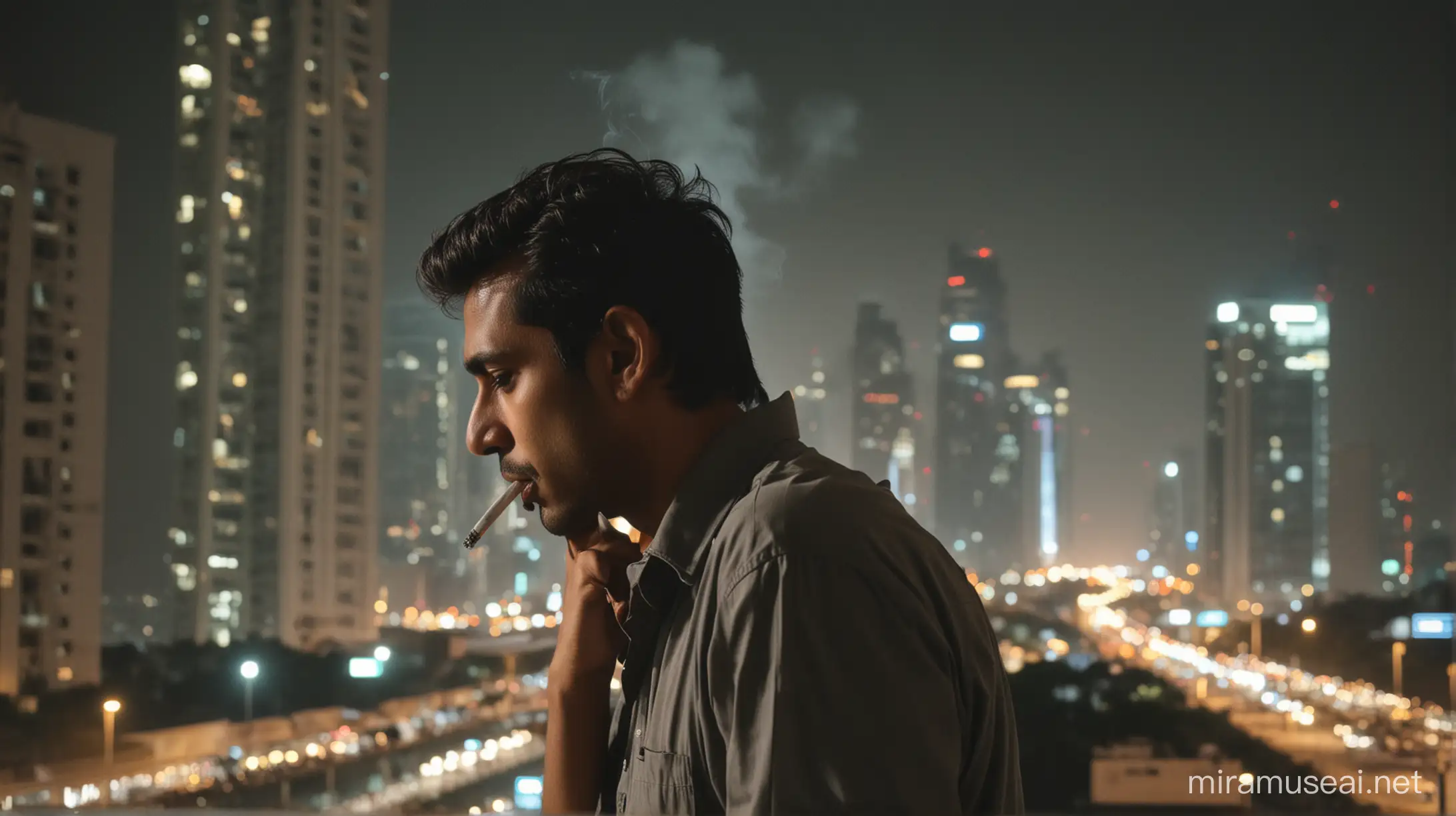 a man smoking cigarette in gallary of tall building
 looking at busy traffic road at night in indian city 85mm lense


