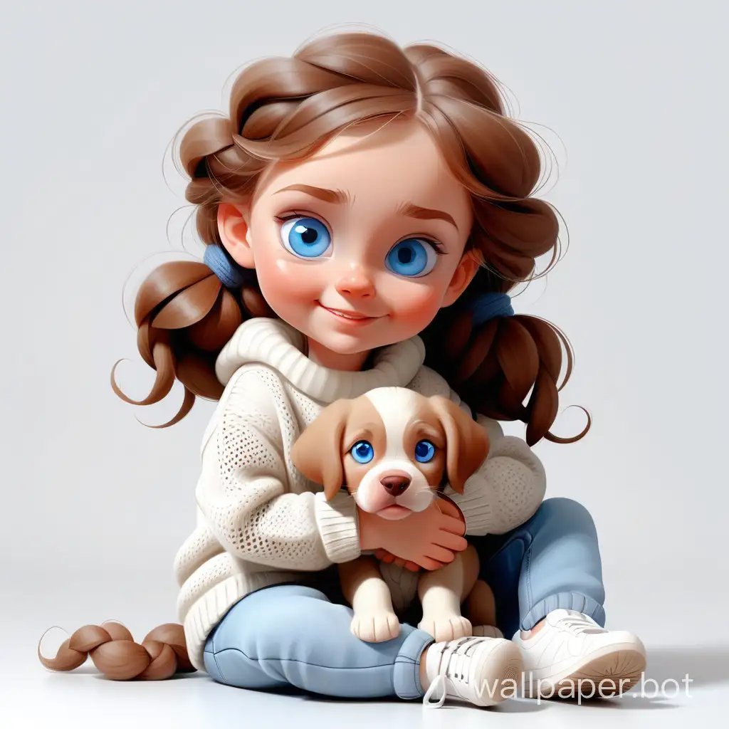 White background. A cute blue-eyed girl sits on the floor with a puppy. Gentle smile. Brown wavy hair neatly braided. Dressed in a white knitted sweater, jeans, and blue-white sneakers. High detail, high quality, Sharp, clear focus.