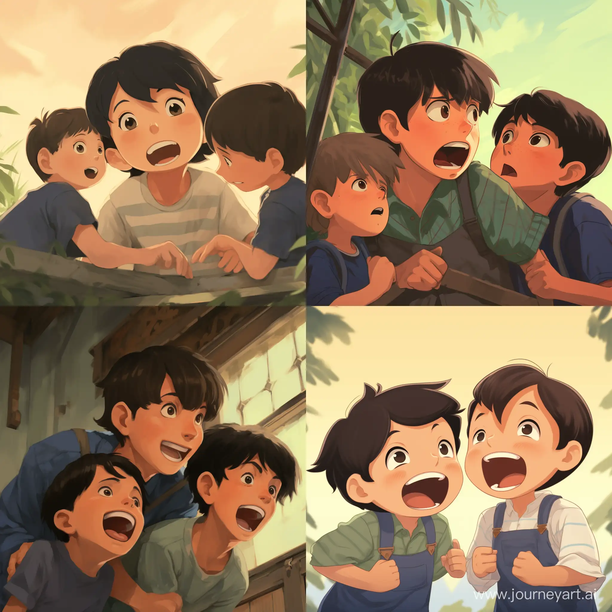 studio ghibli art style. black haired boy getting bullied, pushed, teased, laugh by two naughty and angry boys