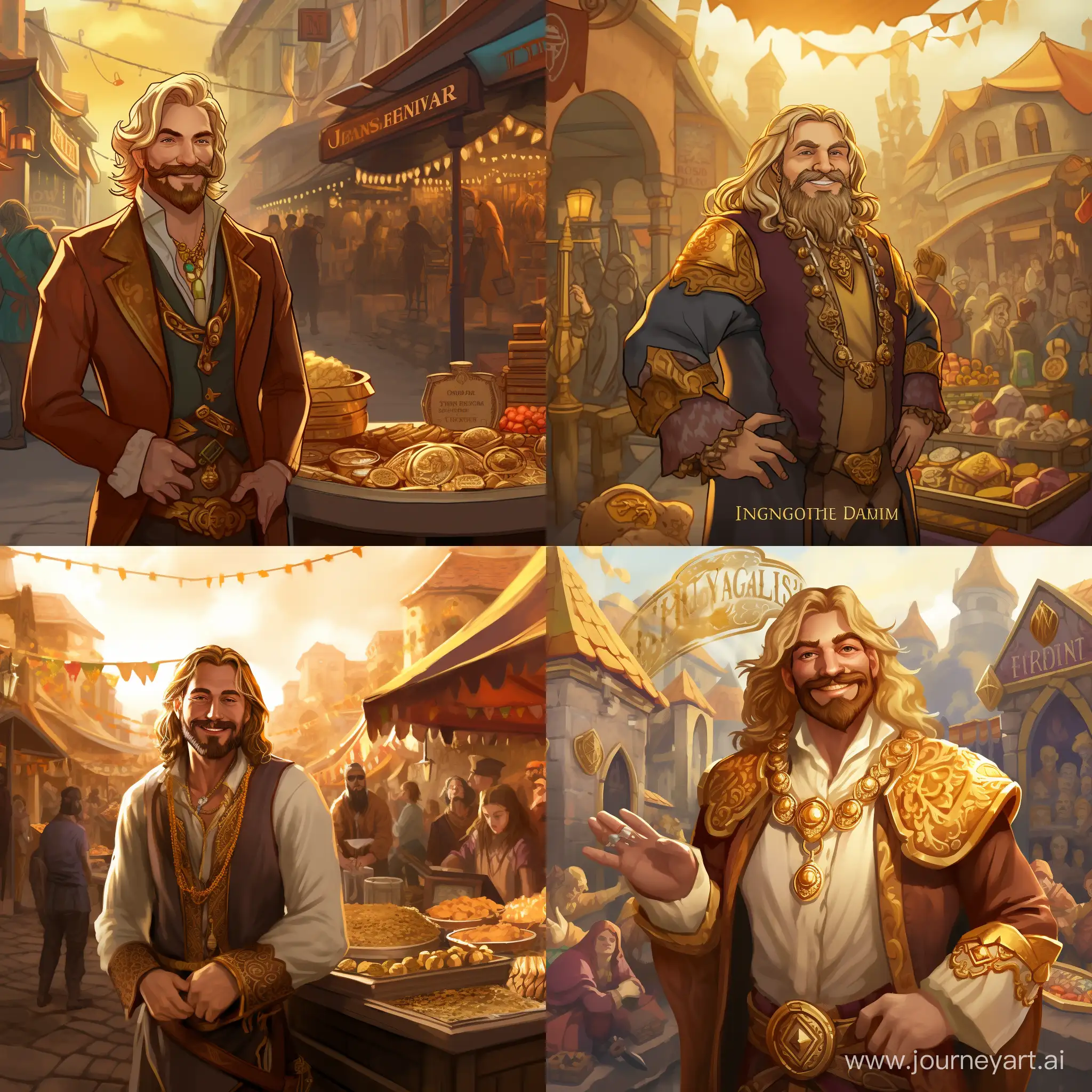 Draw me a concept art of a Viking trader who has long blond hair and a long beard with a mustache. 
He is 35 years old and looks young. Almost every finger has a ring with a precious stone. He is dressed in expensive clothes and wears gold rings with stones. Smiling. In the background there is a market where people reach for him with their hands