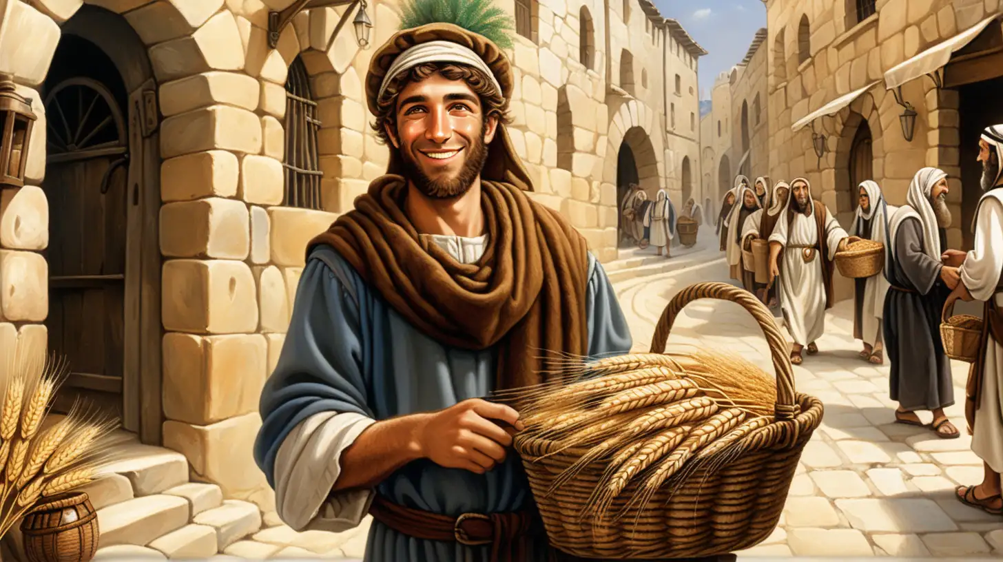 epoque biblique, un hébreu souriant, foulard marron sur la tête, tend un panier contenant du blé, de l'orge, de l'épautre. Une charrette contient des amphores contenant de l'huile et du vin. Dans le fond une rue de Jerusalem, ambiance magique