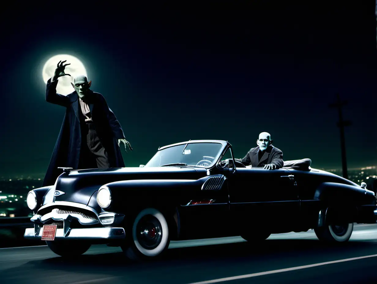 Classic Monsters Cruising Nosferatu and Frankenstein in a 1940s Night Drive