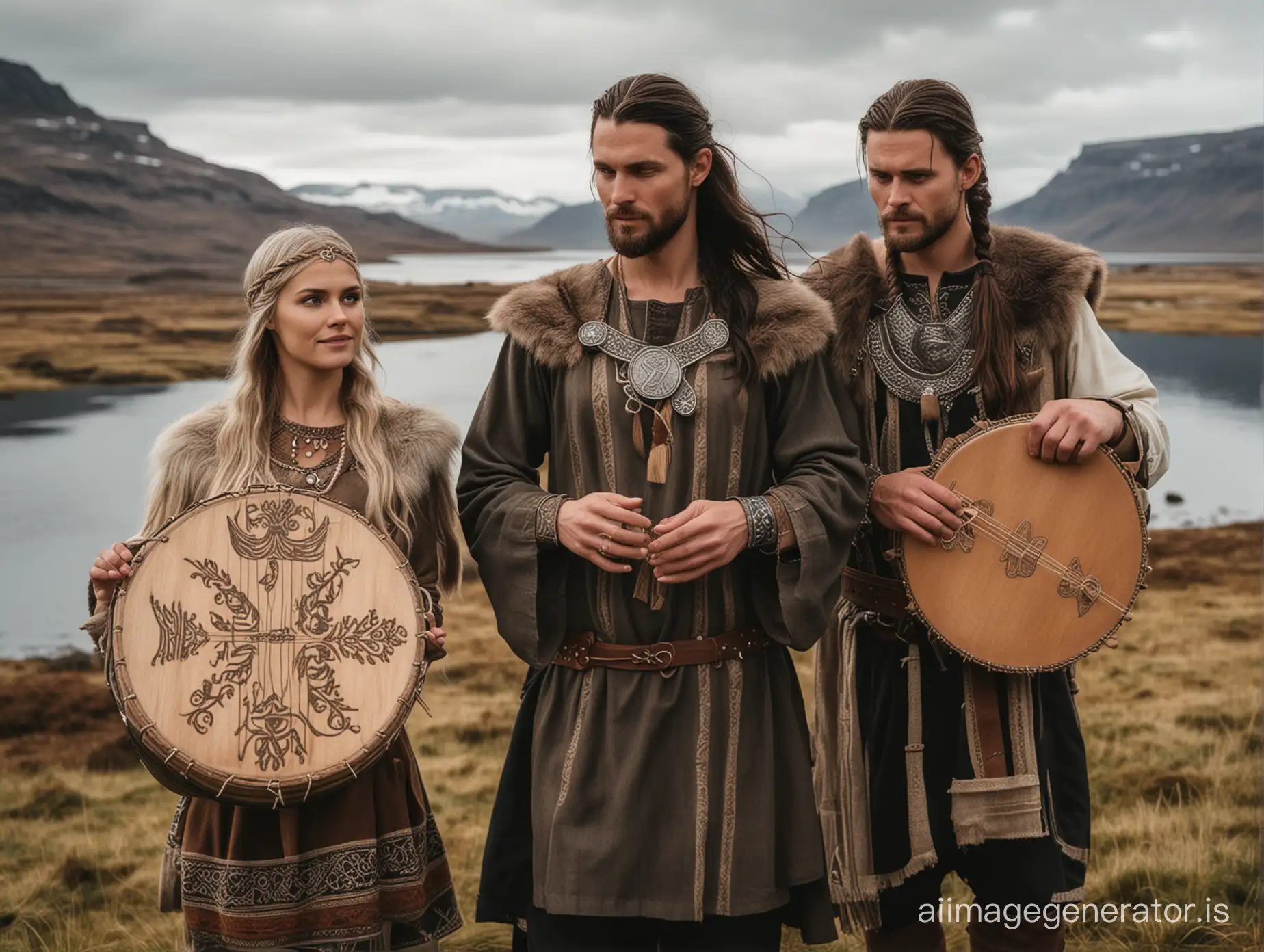 Slender dark haired Norse woman and a man wearing a Viking tunic playing music on a small lyre and a hand drum with an Icelandic background