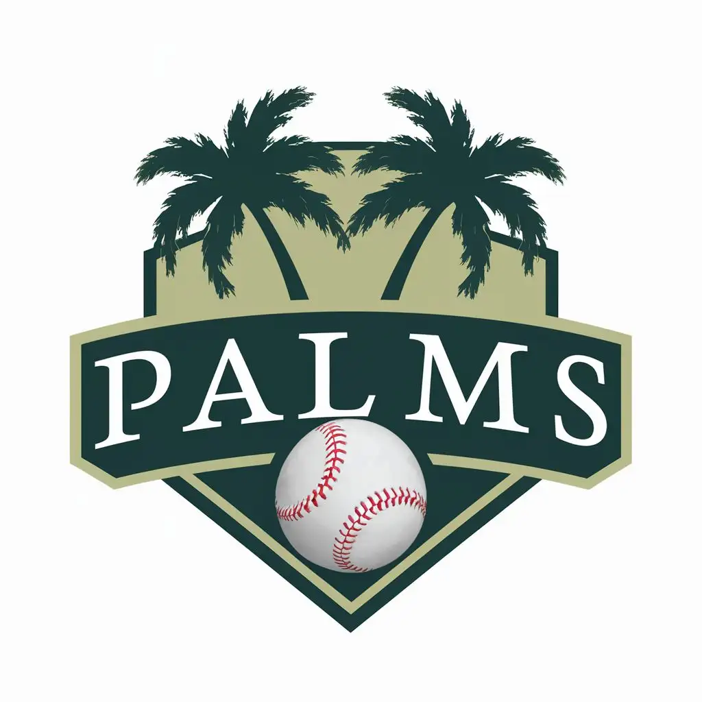 logo, palm trees and baseball, with the text "Palms", typography, be used in Sports Fitness industry