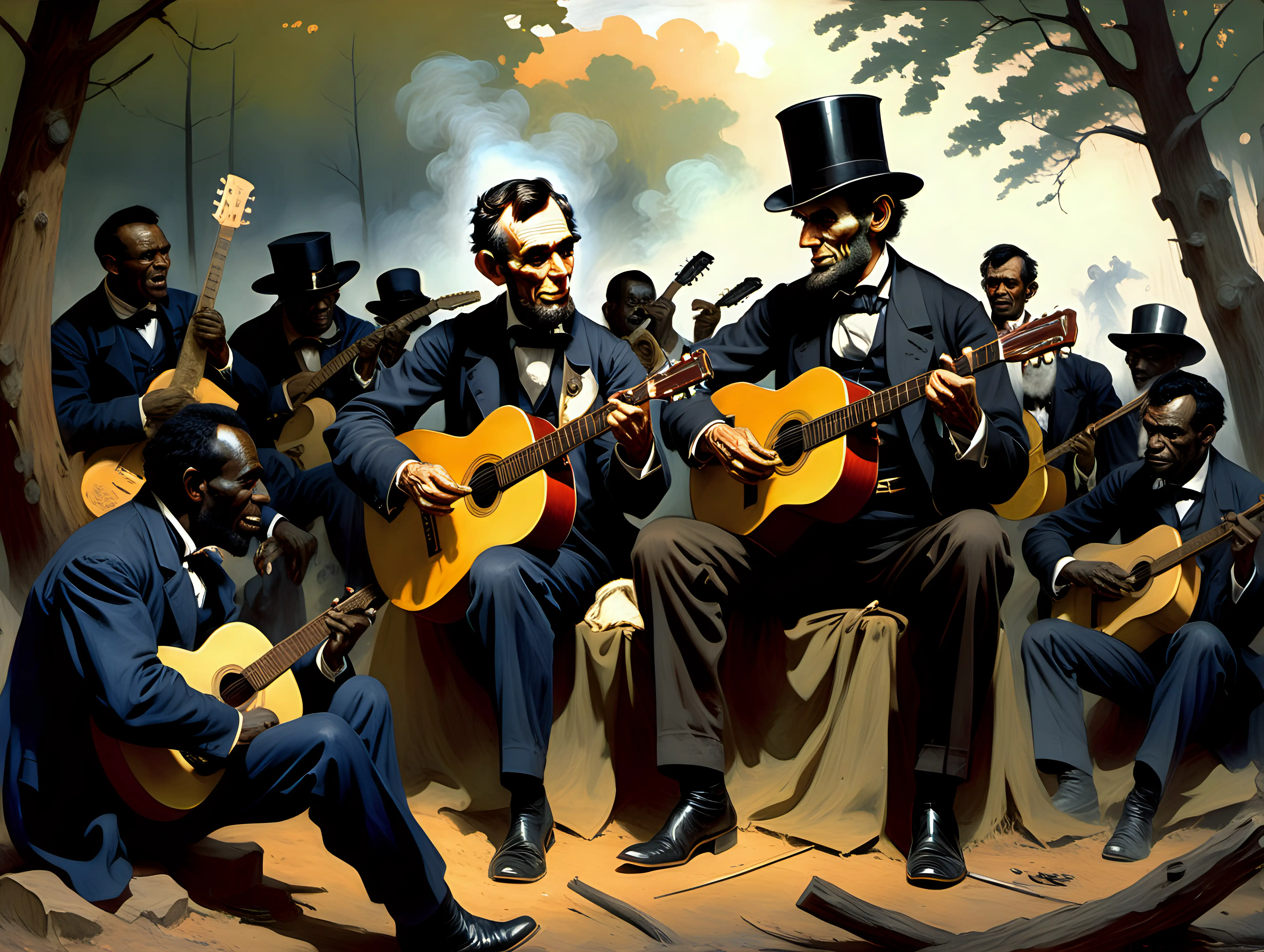 Abraham Lincoln Jamming with Blues Legends in Civil War Camp Frazetta Style