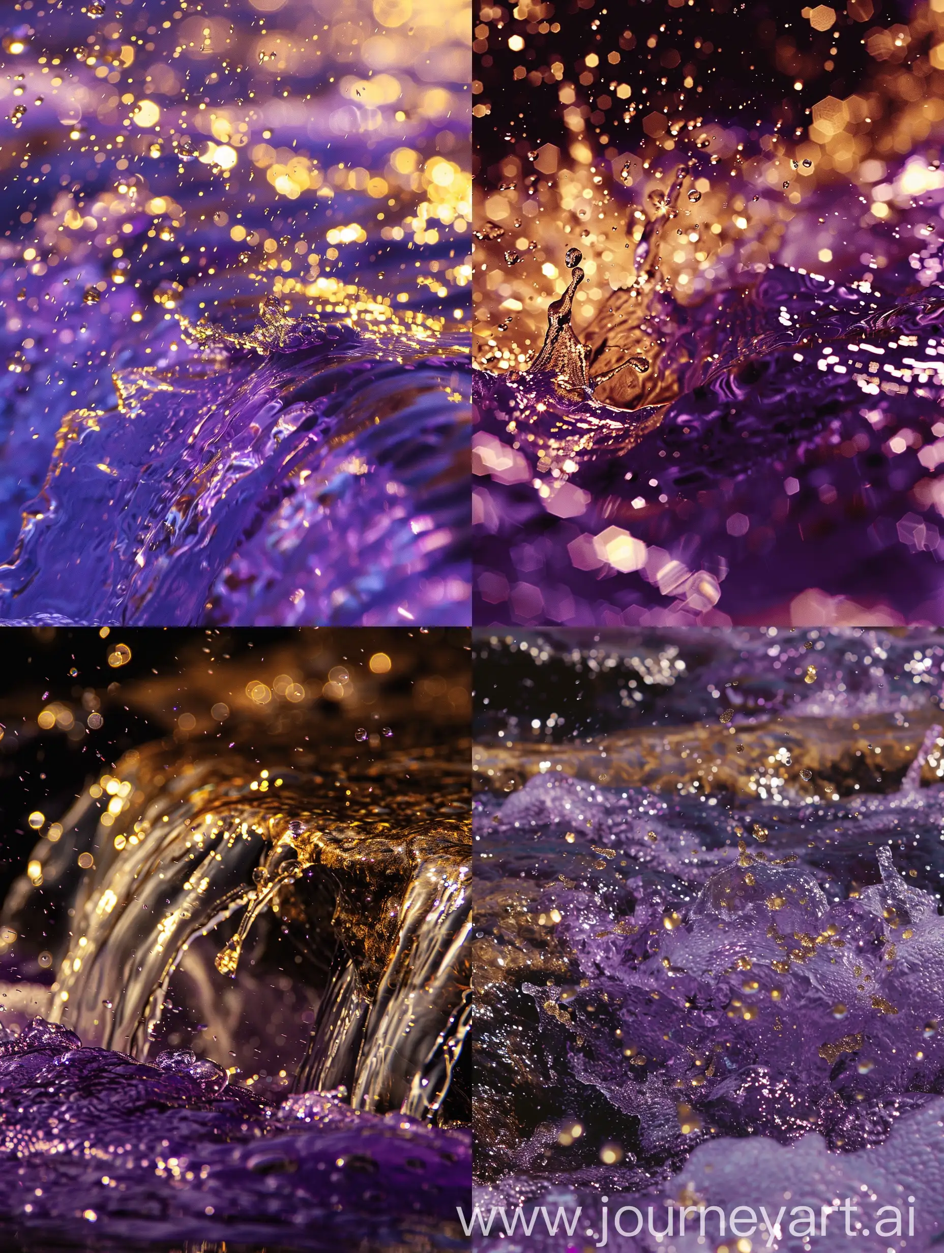 流水，紫色，水花溅起金色的钻石光泽，光泽感