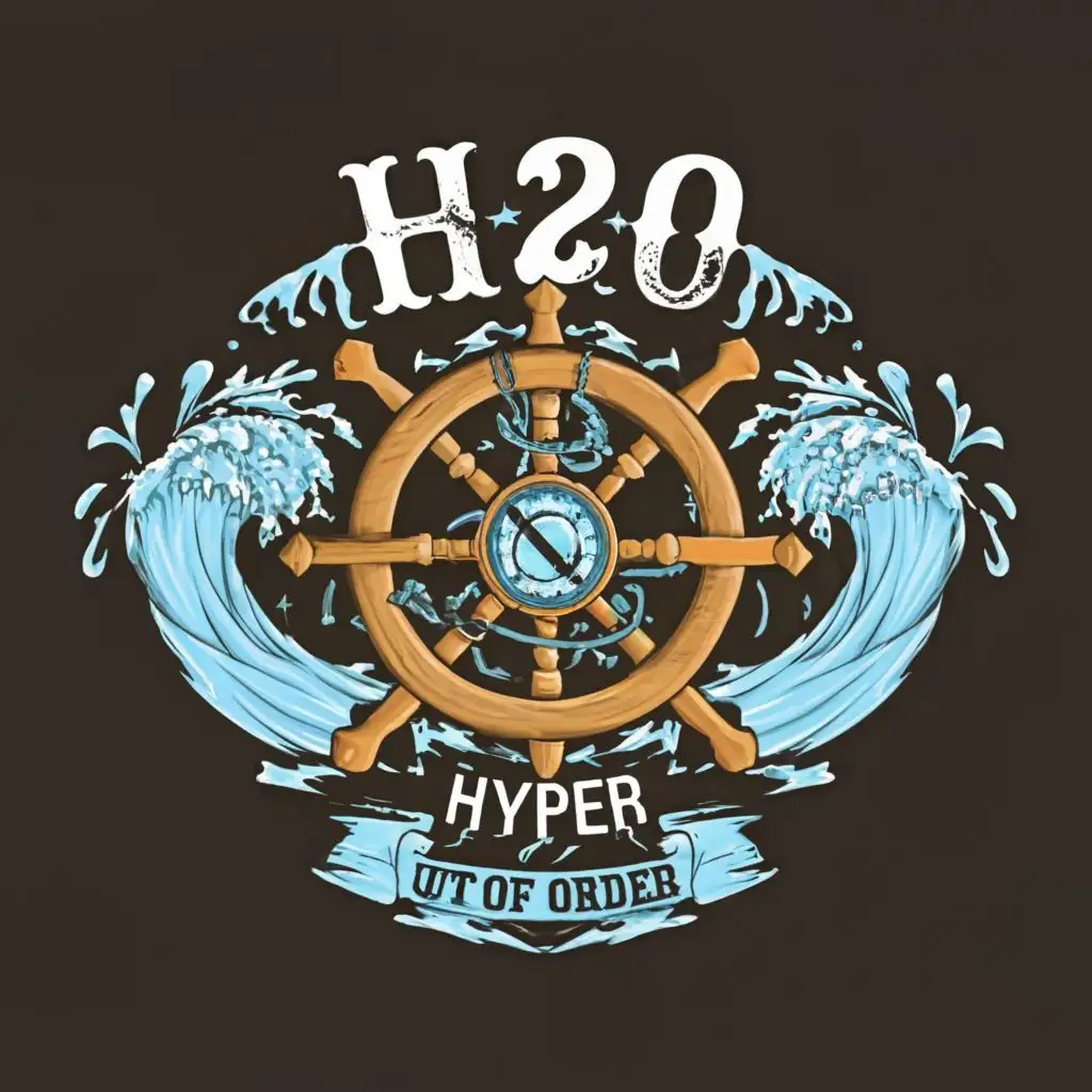a logo design, with the text 'H2O' sub text 'Hyper out of order', main symbol: Ship steering wheel, water splash circle, head horns, complex, water background
