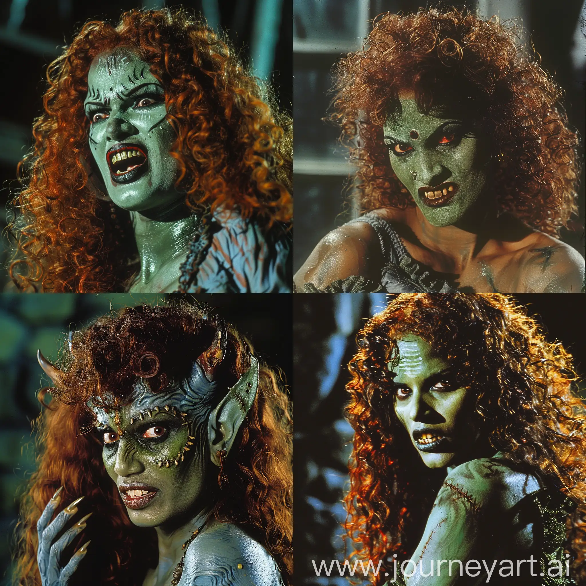 fit female Malayali demon with dark greyish-green skin, curly redhead, attractive green face, enlarged sharp eyebrow ridges and cheekbones, vampire fangs, special makeup effects by Tom Savini, half body shot, film scene from a 1980s horror movie like Evil Dead by Sam Raimi and Demoni by Lamberto Bava, dehydrated