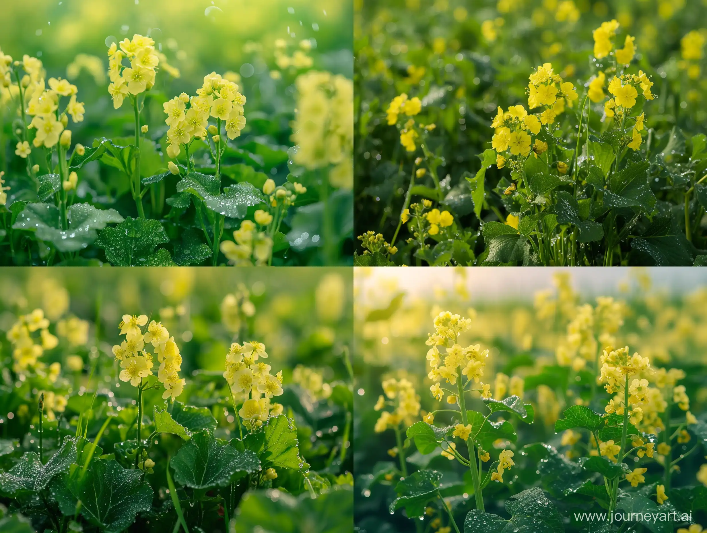 田野，油菜花，黄色的小花朵，绿色的叶子，菜花上有露珠，真实摄影，逼真