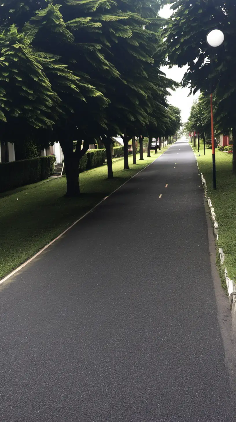 Tranquil Residential Road with Lush Greenery and Charming Houses