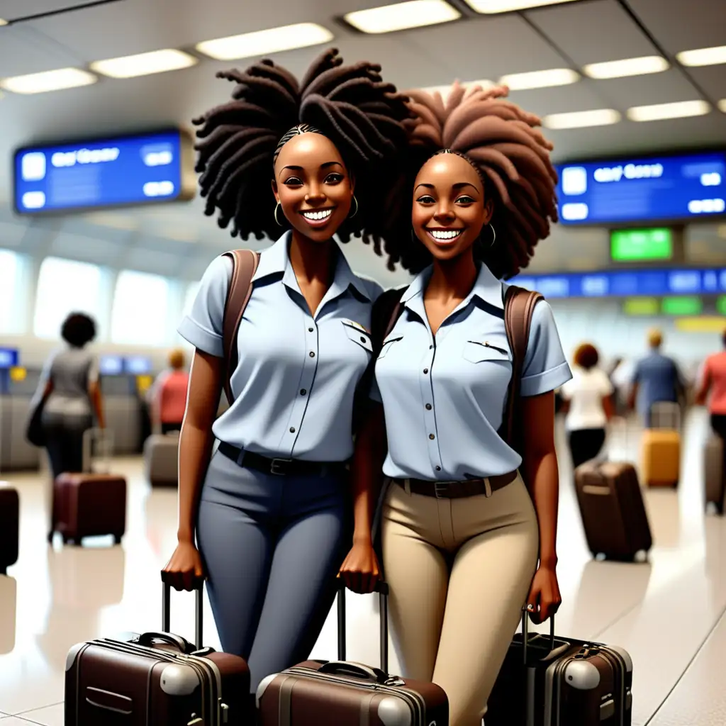 Black Women Smiling Together with Matching Shirts and Luggage at Airport
