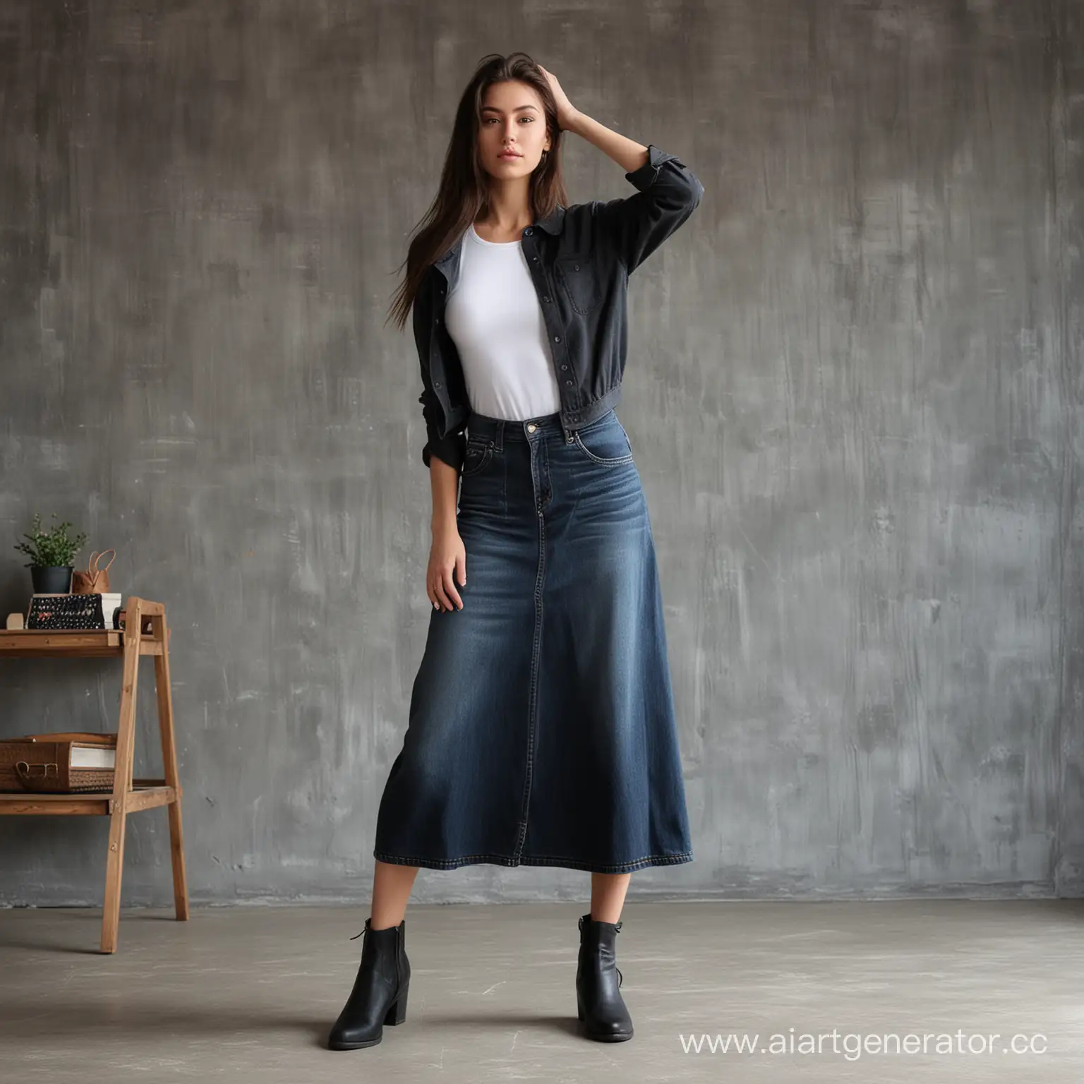 Fashionable-Young-Woman-in-Denim-Skirt-Poses-in-Urban-Loft-Setting