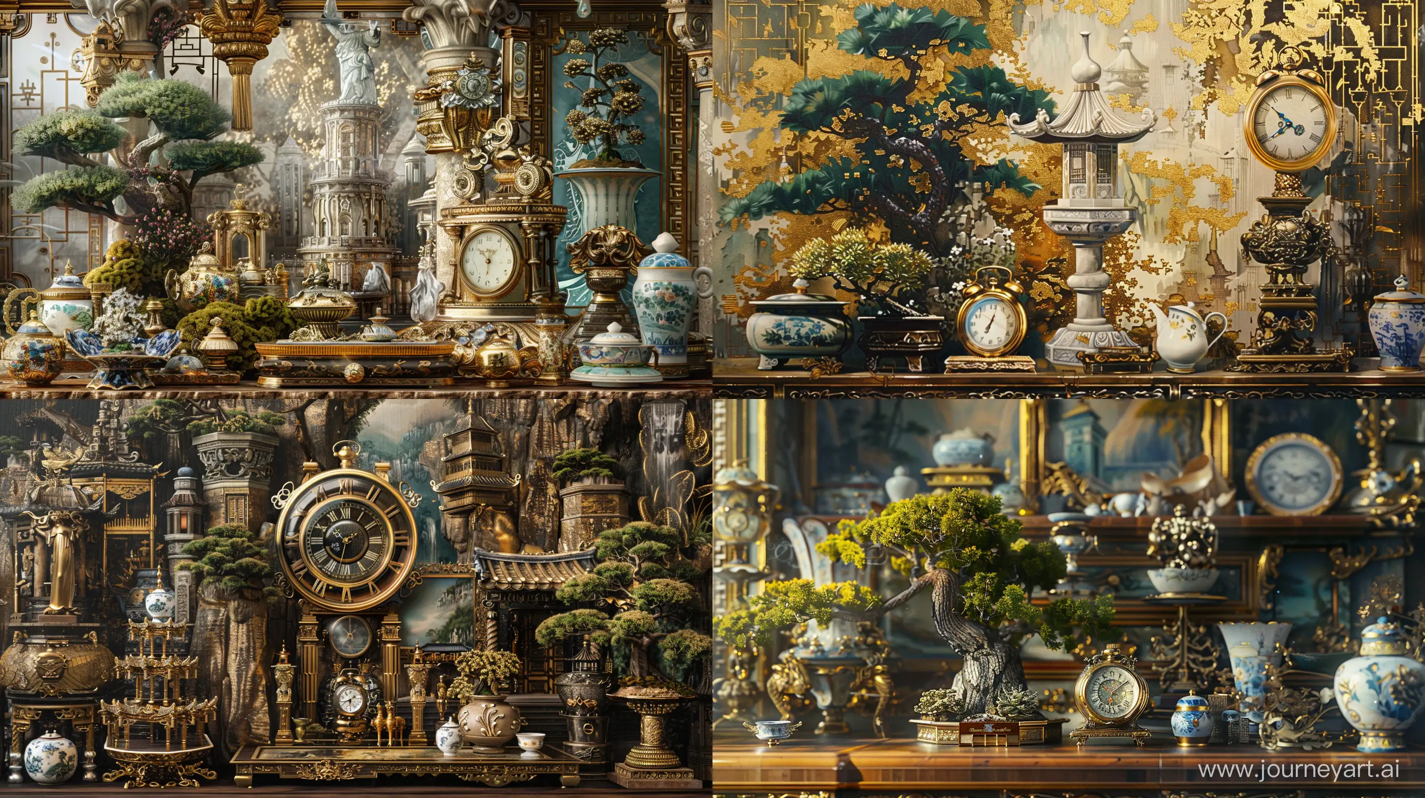 **elegantism, insane detail, painting masterpiece ,Extreme authentic decor , pocket watch, bonsai, porcelain, Corinthian Alabastron,  perfect exact rendering, embellished and intricate architectural ornamentations, the combination of Beaux-Arts artifacts and architecture with Chinese and Japanese architecture and artifacts, gold, greebles::2 --ar 16:9 --q 1