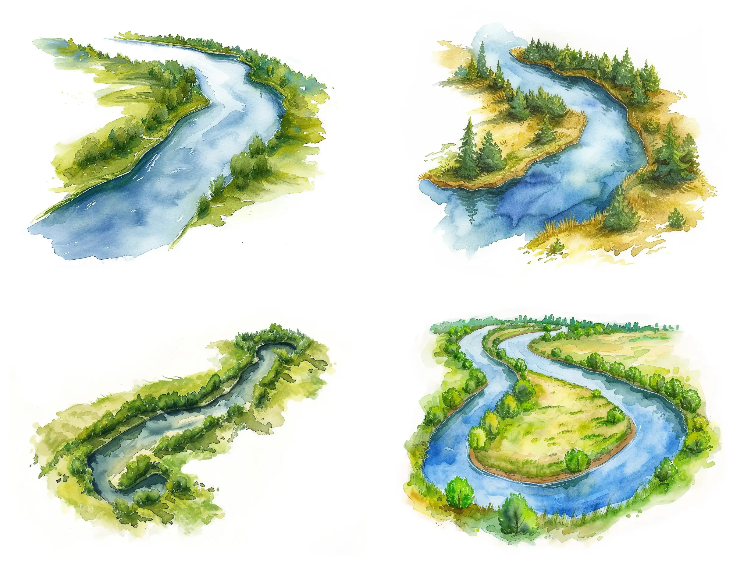 Serene-Isometric-Watercolor-A-Majestic-Aerial-View-of-a-Vast-River-on-a-White-Canvas