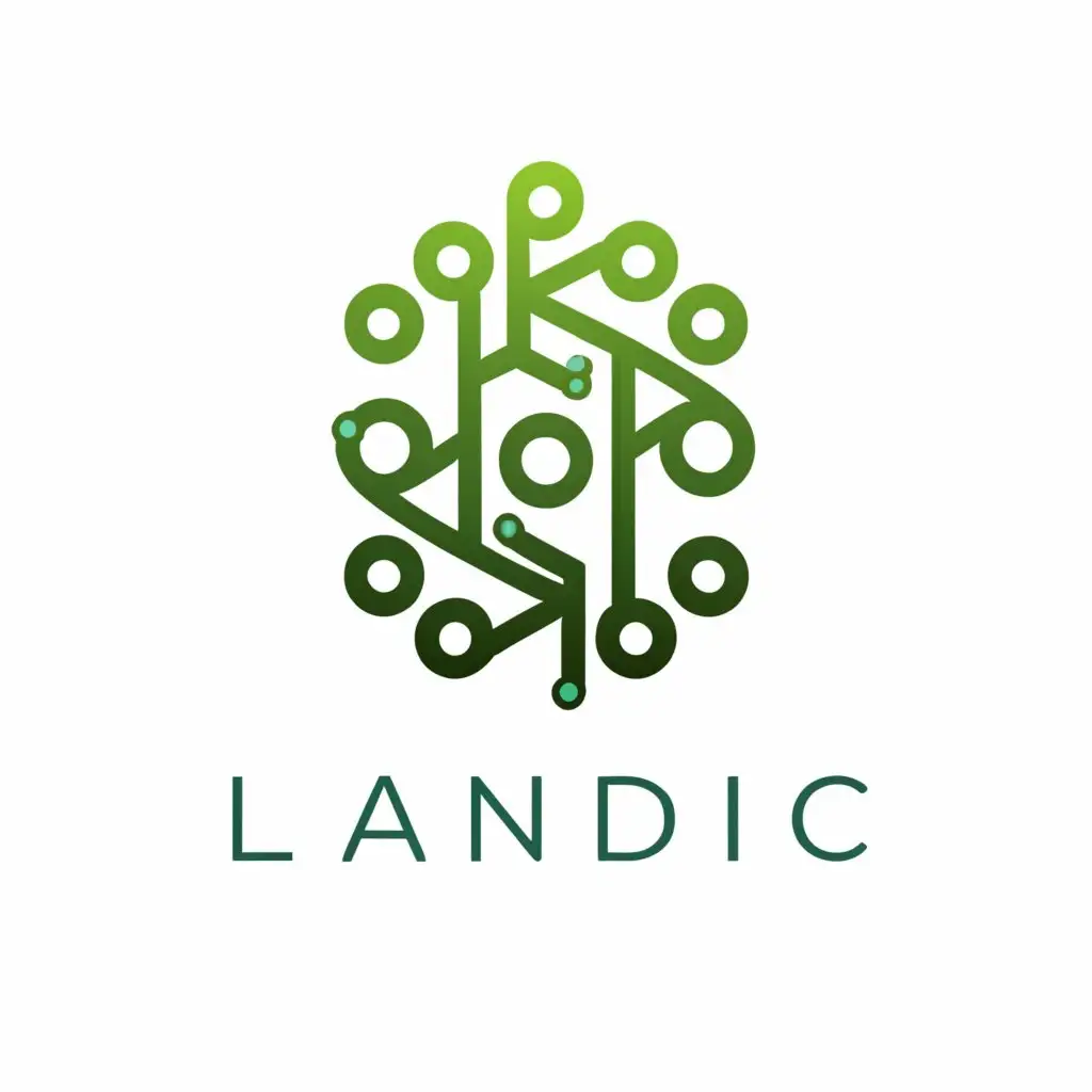 a logo design,with the text "Landic", main symbol:•	Iconography: A stylized representation of land or earth to symbolize the real-world assets, intertwined with a digital or abstract element that represents blockchain technology.
•	Color Palette: Earthy tones like greens and browns to represent the land, complemented by blues or metallic hues to signify technology and trust.
•	Typography: Modern and clean font that conveys stability and professionalism. The typeface should be easy to read yet distinctive enough to create a strong brand recall.
•	Versatility: The logo should be scalable, working well in various sizes and across different mediums, from digital platforms to physical marketing materials.

Imagery:

The primary imagery could be a combination of a leaf or a tree, which are universal symbols of growth and sustainability, merged with a subtle grid pattern or circuit lines that suggest technology.
Alternatively, a globe or an abstract land shape with a digital pulse or data points flowing through it could represent the global reach and technological backbone of LANDIC.
Symbolism:

The intertwining of natural and digital elements should not only represent the merging of these two worlds but also suggest harmony and a forward-thinking approach.
The logo should evoke a sense of trust and longevity, reassuring investors of the stability and future-proof nature of their investment.
,Moderate,be used in Finance industry,clear background