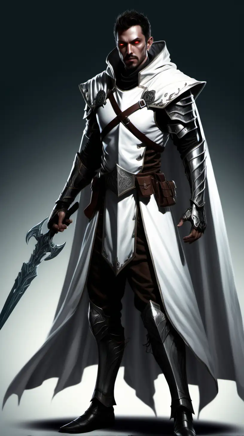 A half elf fighter/warlock who slightly resembles liquid terminator from t2. Wears plate armor and has a slight beard with pointy mustache. Is about 28 years old. Billowing white cloak. Dark aura, flashing eyes
