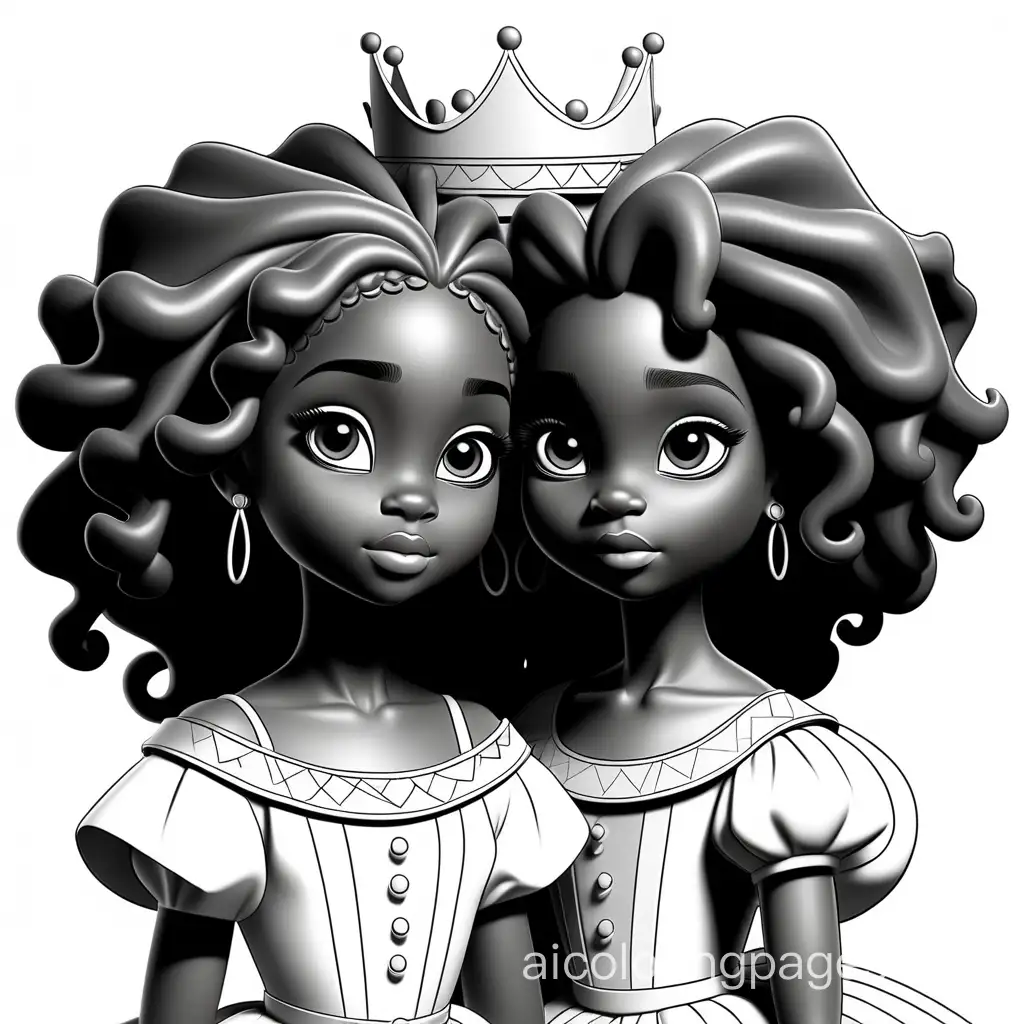 little black princesses, Coloring Page, black and white, line art, white background, Simplicity, Ample White Space. The background of the coloring page is plain white to make it easy for young children to color within the lines. The outlines of all the subjects are easy to distinguish, making it simple for kids to color without too much difficulty