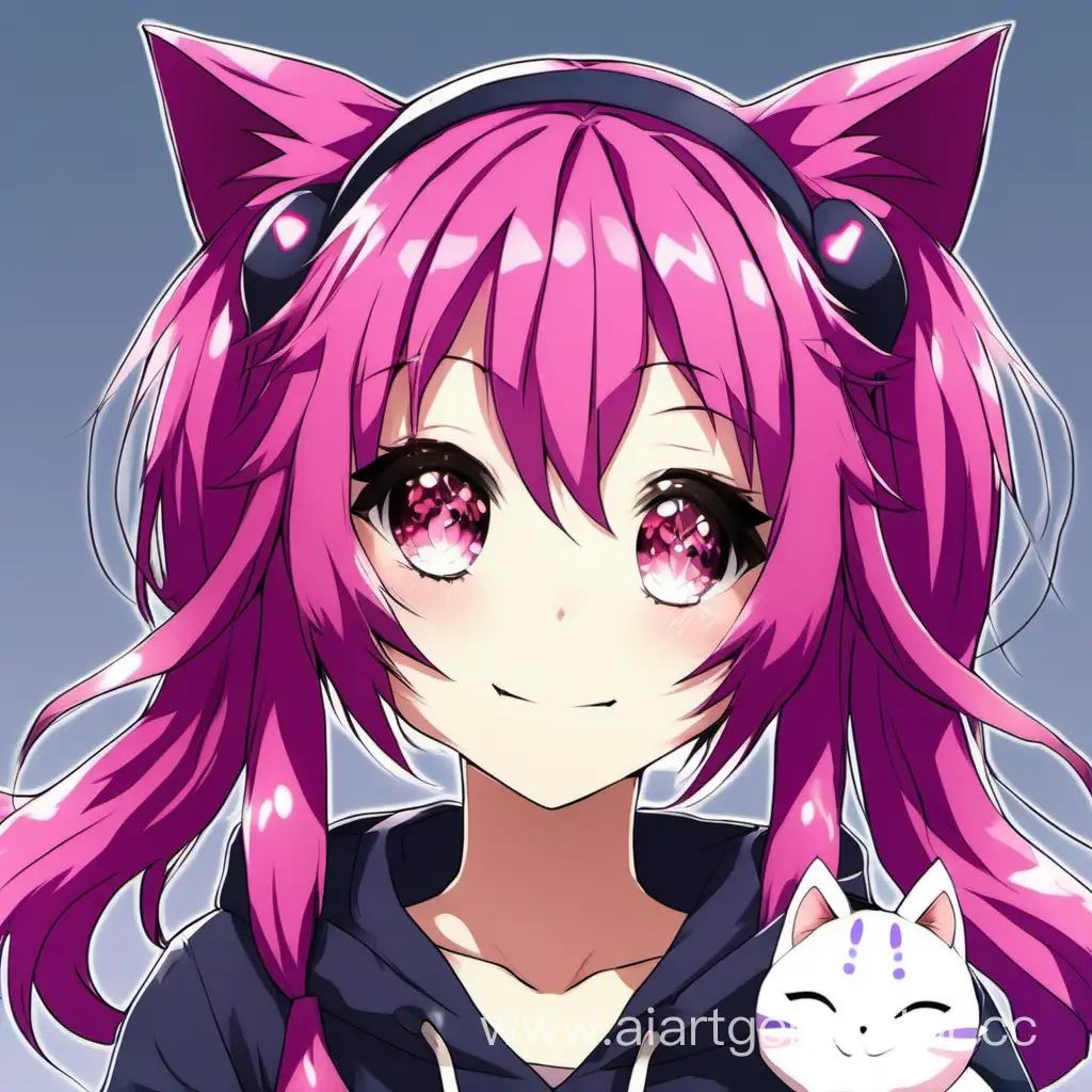 Anime neko-girl with cat ears and a tail. She has magenta hair with two long ponytails. She looks cute and excited