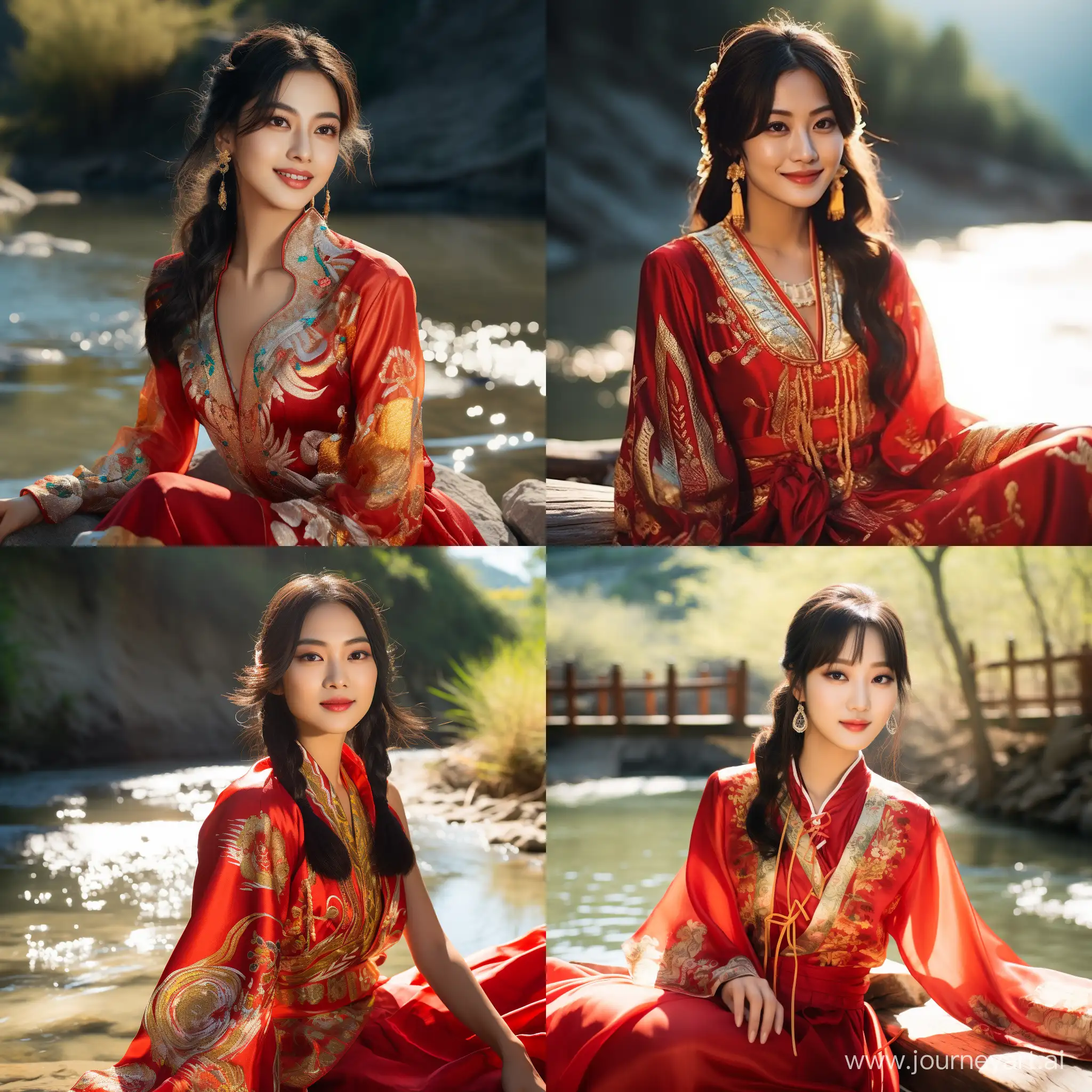 Radiant-Chinese-Beauty-in-Traditional-Red-Costume-by-the-Riverside