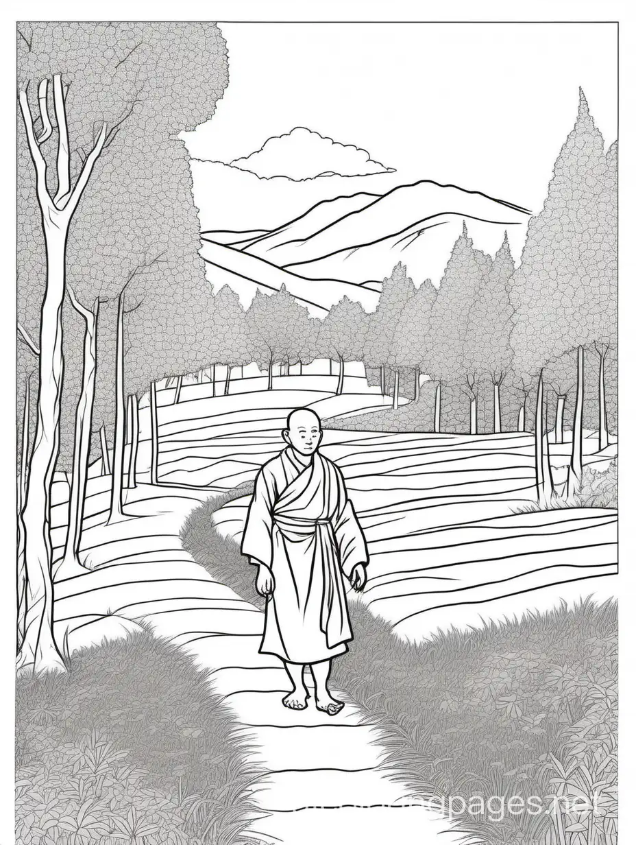 Tranquil-Monk-Strolling-in-Sunset-Meadow-near-Forest-Path-Coloring-Page