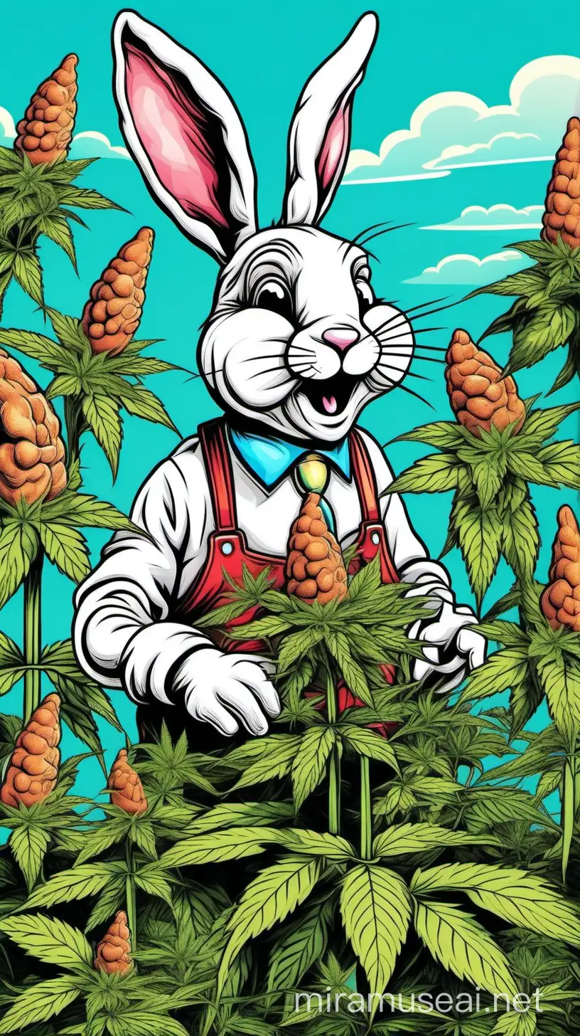 Easter Bunny Enjoying Cannabis Amidst Flourishing Marijuana Plant in Garden
