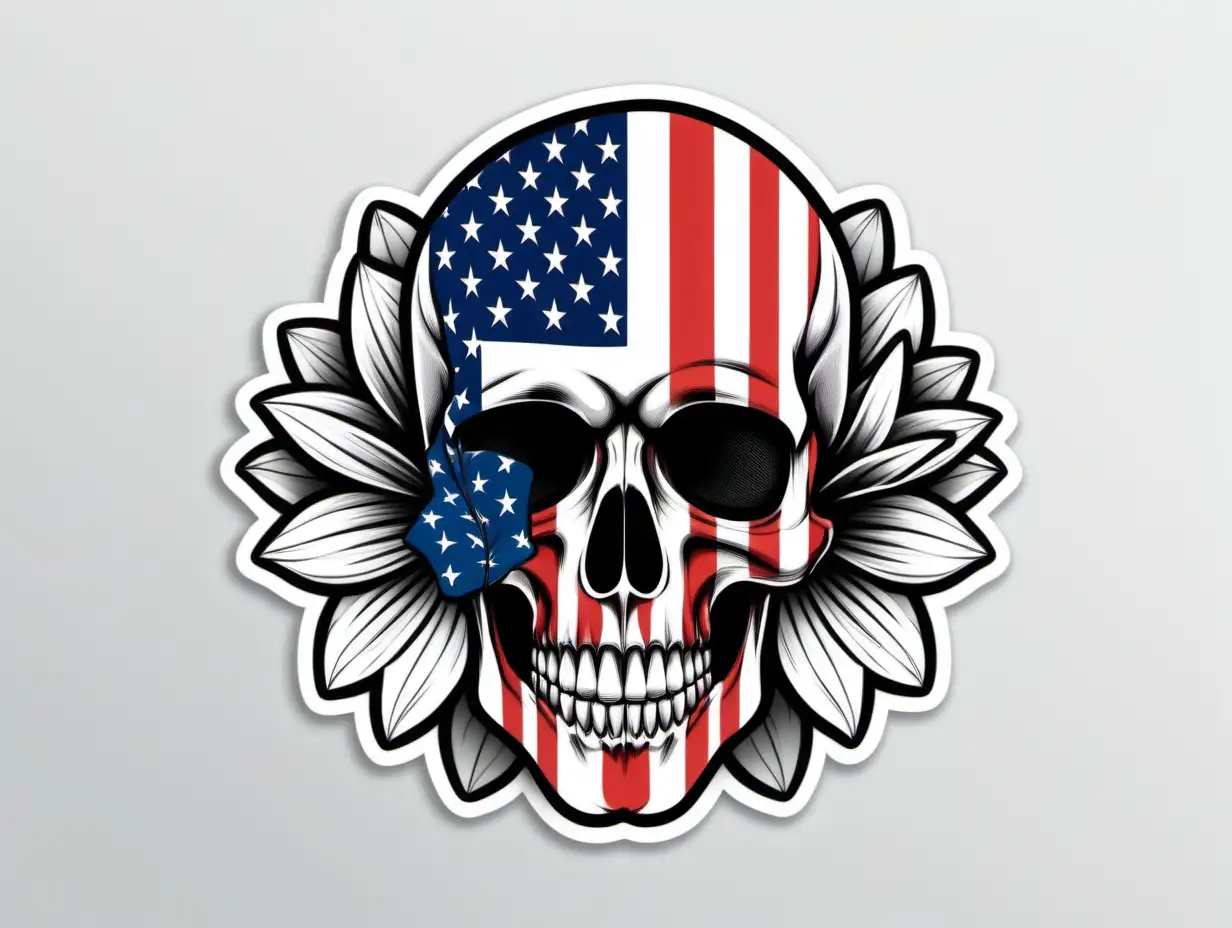 American Flag Skull Flower Sticker Lovely Monochrome Kinetic Art Style