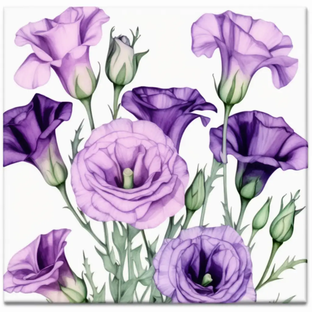 /imagine prompt pastel watercolor MINIMALIST  Lisianthus  FLOWERS , PURPLE, GREEN washed out color, clipart on a white background andy warhol inspired --tile
