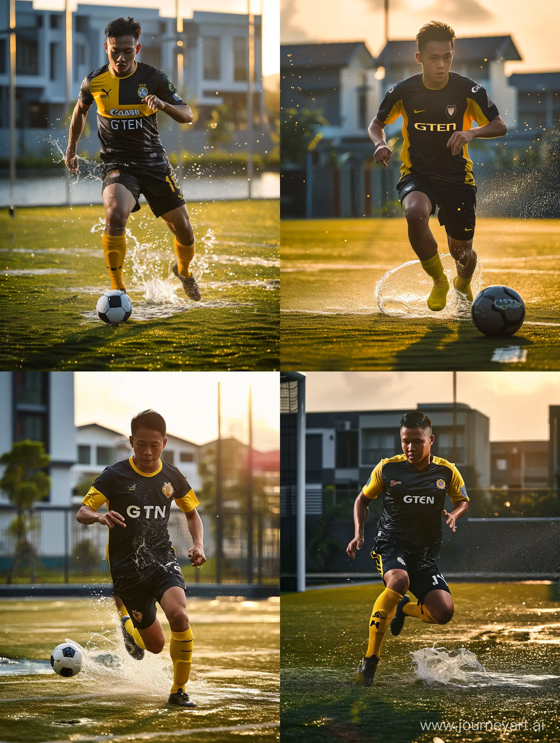 
ultra realistic a malay man runs while kicking a ball on a synthatic field. there is a splash of water. wearing a black and yellow shirt. the shirt has G-TEN FC written on it. yellow socks. sunlight in the evening. the background of a modern housing estate. canon eos-id x mark iii dslr --v 6.0