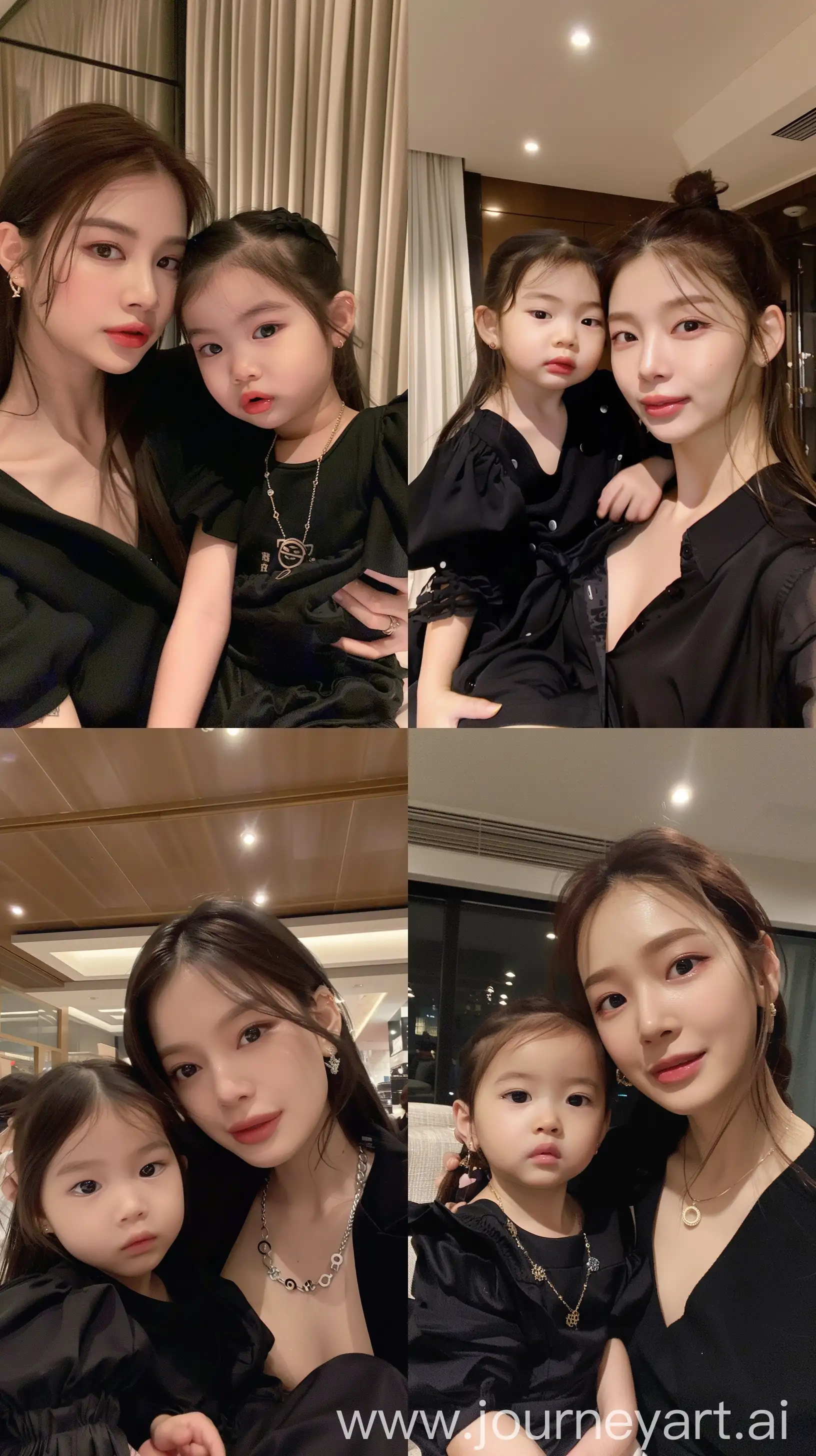 blackpink's jennie selfie with 2 years old  girl, facial feature look a like blackpink's jennie, aestethic casual photo, wearing black outfit, night times, aestethic make up,hotly elegant young mom --ar 9:16 