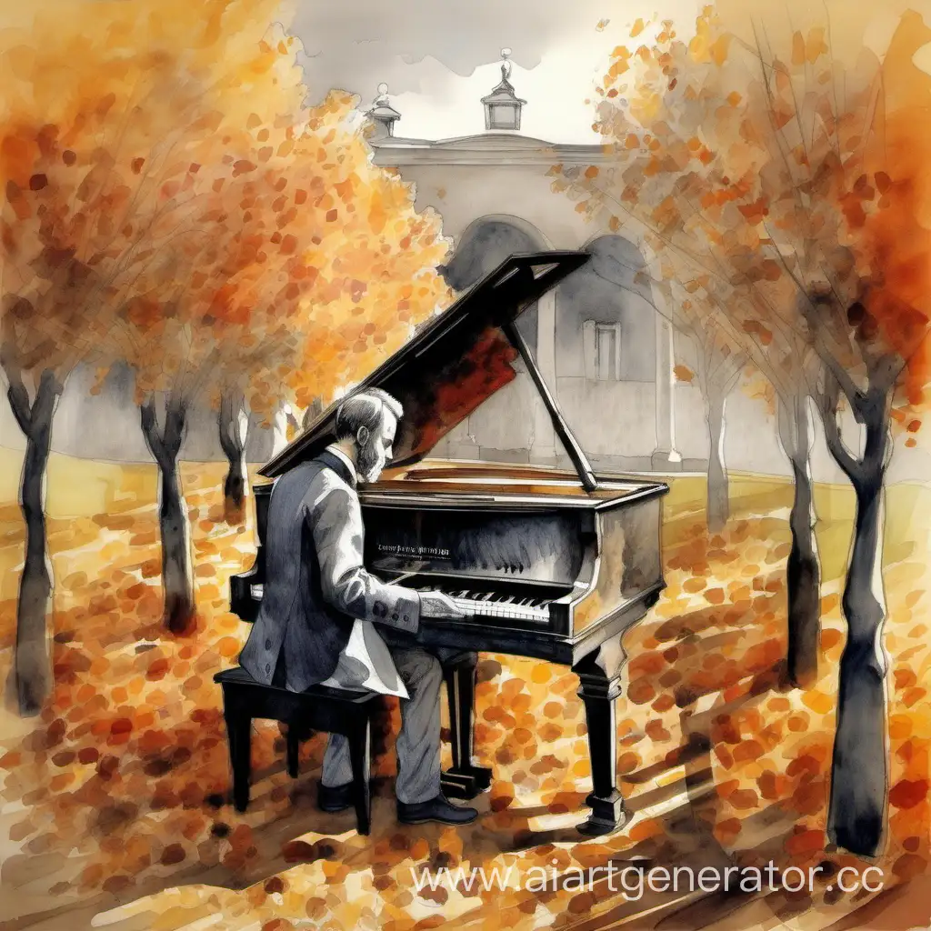 Музыкант играет на рояле   в осеннем саду рисунок художника Леонида Ефремова
