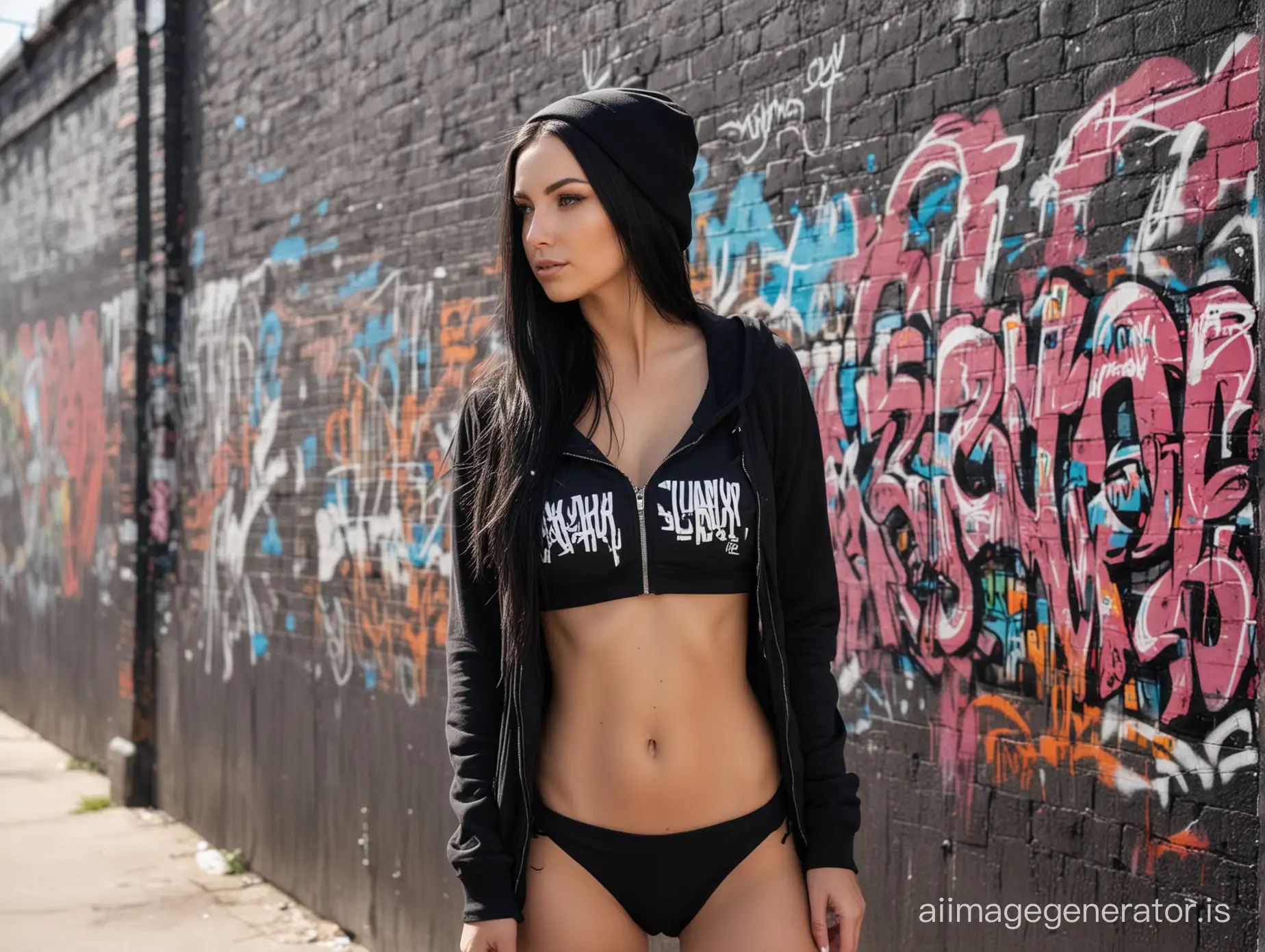 Urban-Graffiti-Style-Fashion-Model-in-Black-Sports-Bikini-and-Hoodie