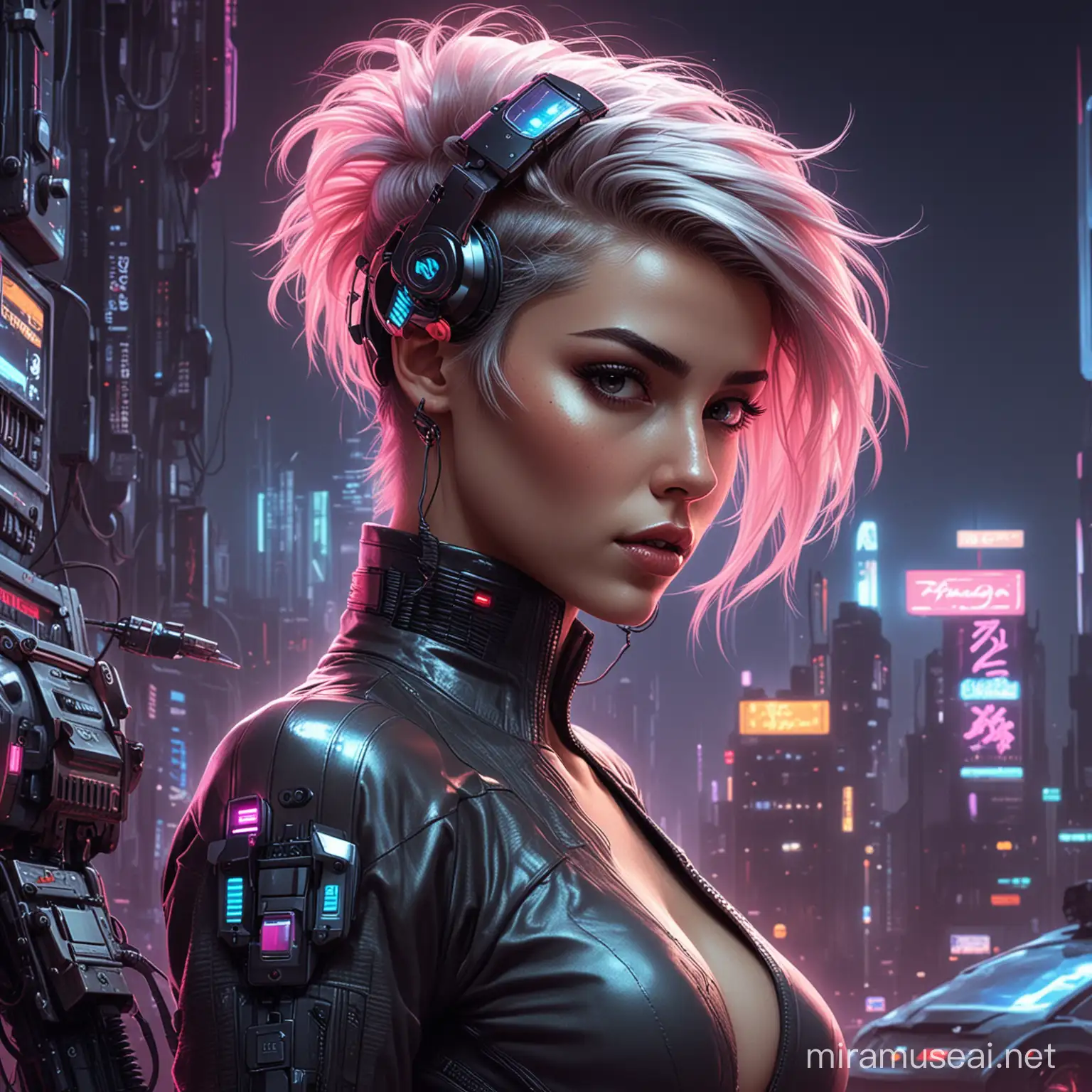 Futuristic Seductive Woman with Cyber Gadgets in Retrowave Interior