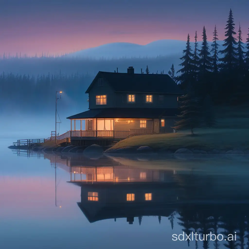 foggy lake in northern canada, at dusk, lit house in the background, anime style, studio ghibli, noir
