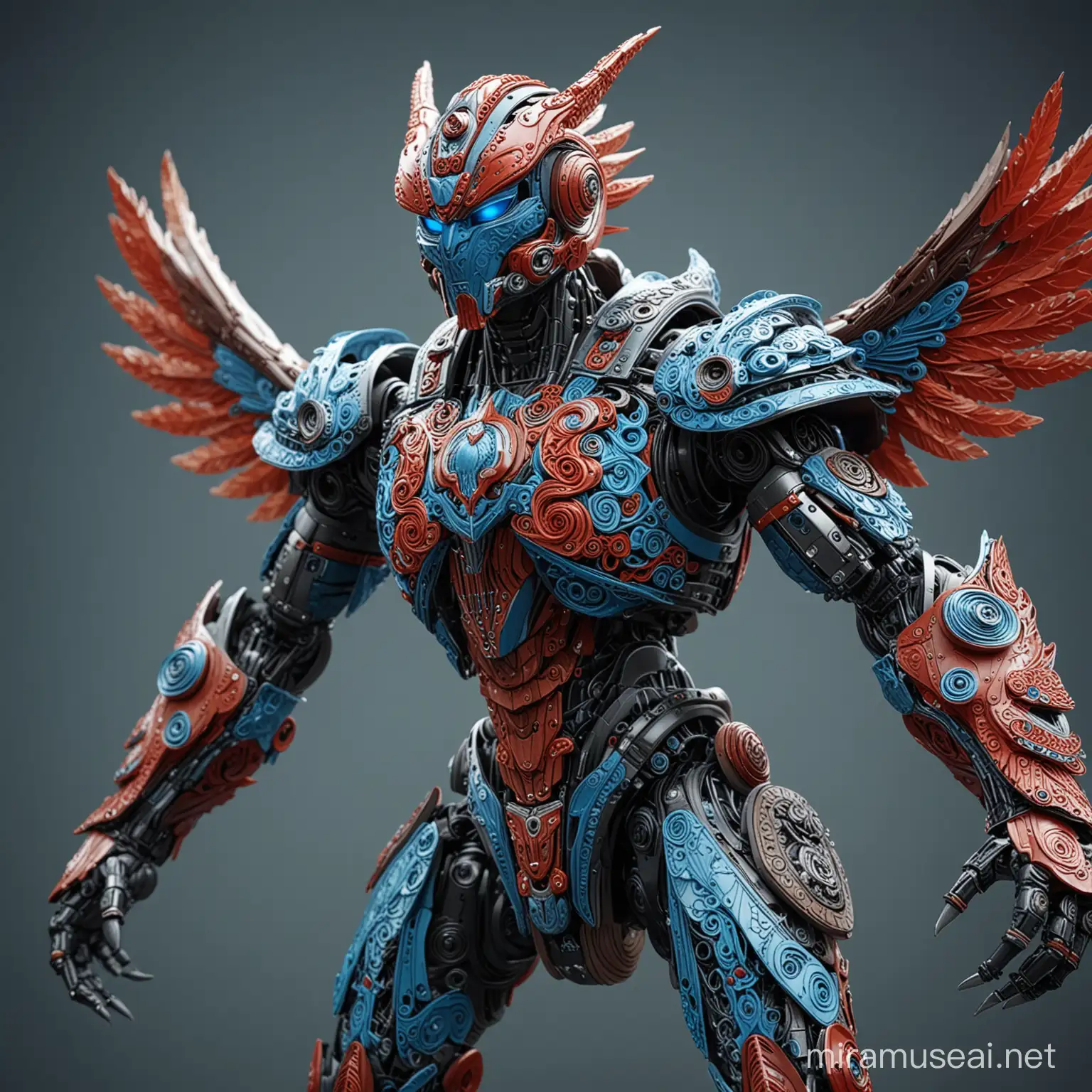 HyperRealistic Garuda Robot in Natural Habitat White Blue and Red Quilled Creation