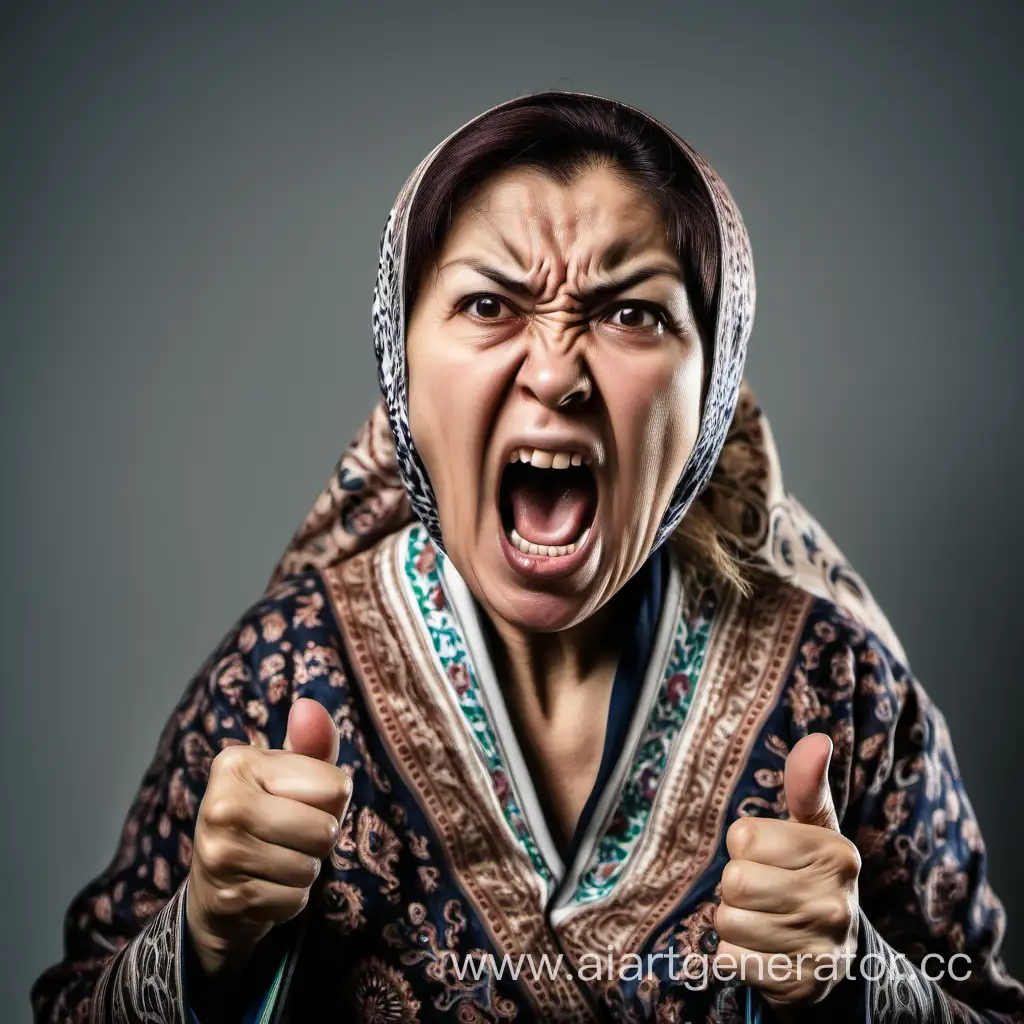 Shouting, angry, aggressive Uzbek woman of middle age