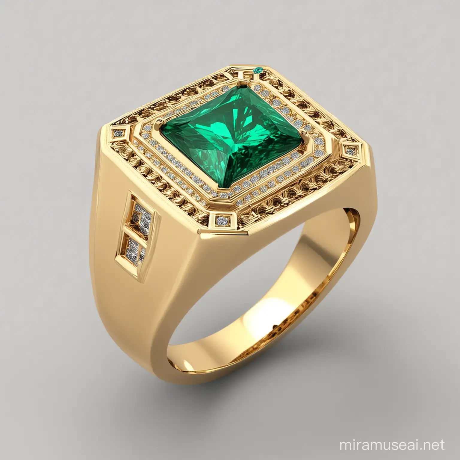 Creat a design of ring for men in gold with square shape of emerald 