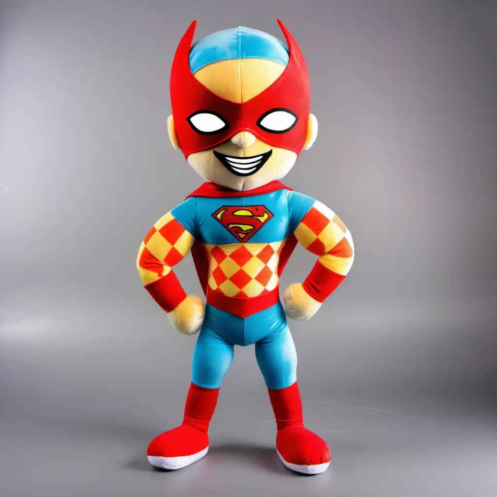 Happy Superhero Boy Plush Toy with Vibrant Checkered Uniform and Bandana